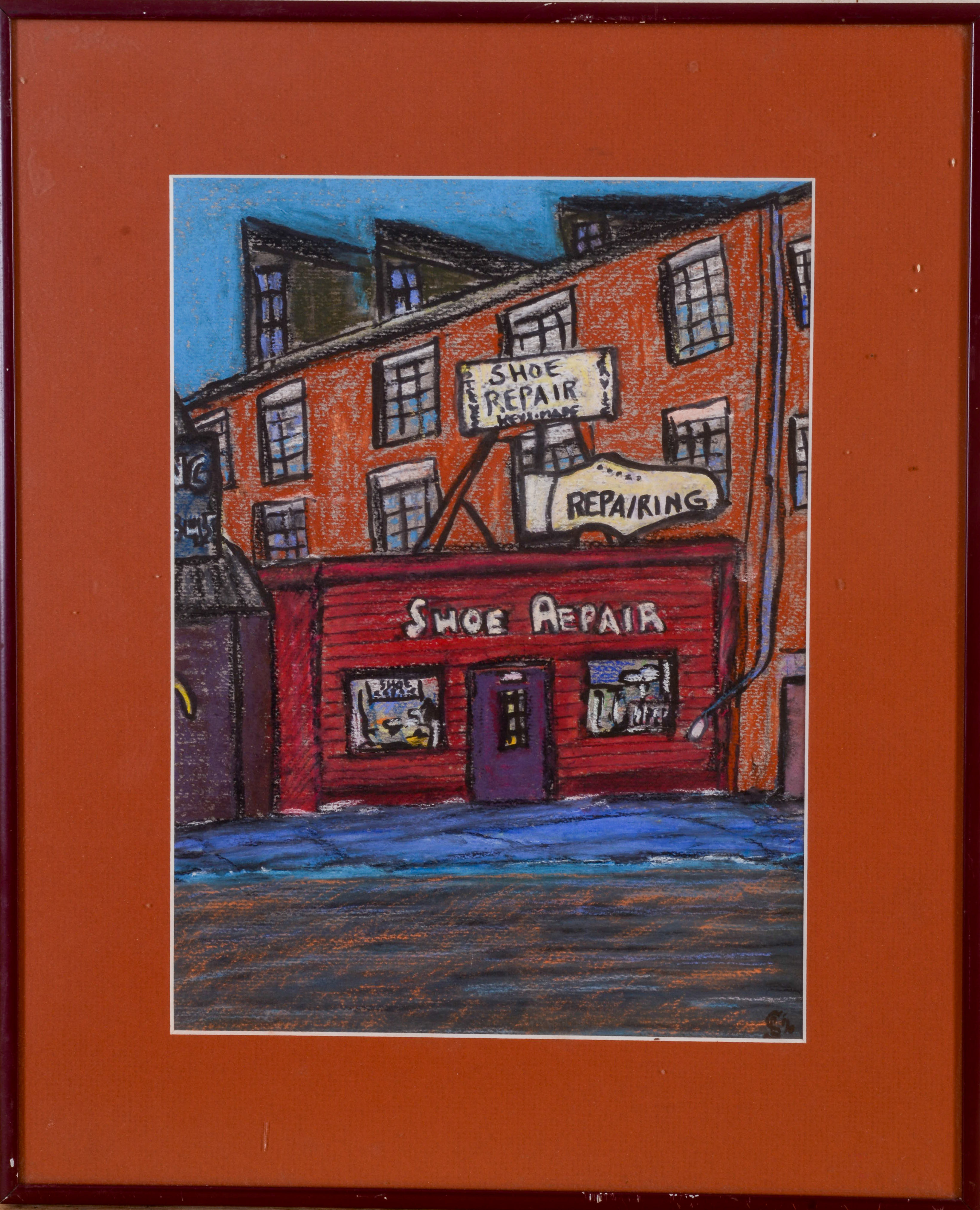 MID CENTURY PAINTING OF PORTLAND, MAINE SHOE REPAIR SHOP.