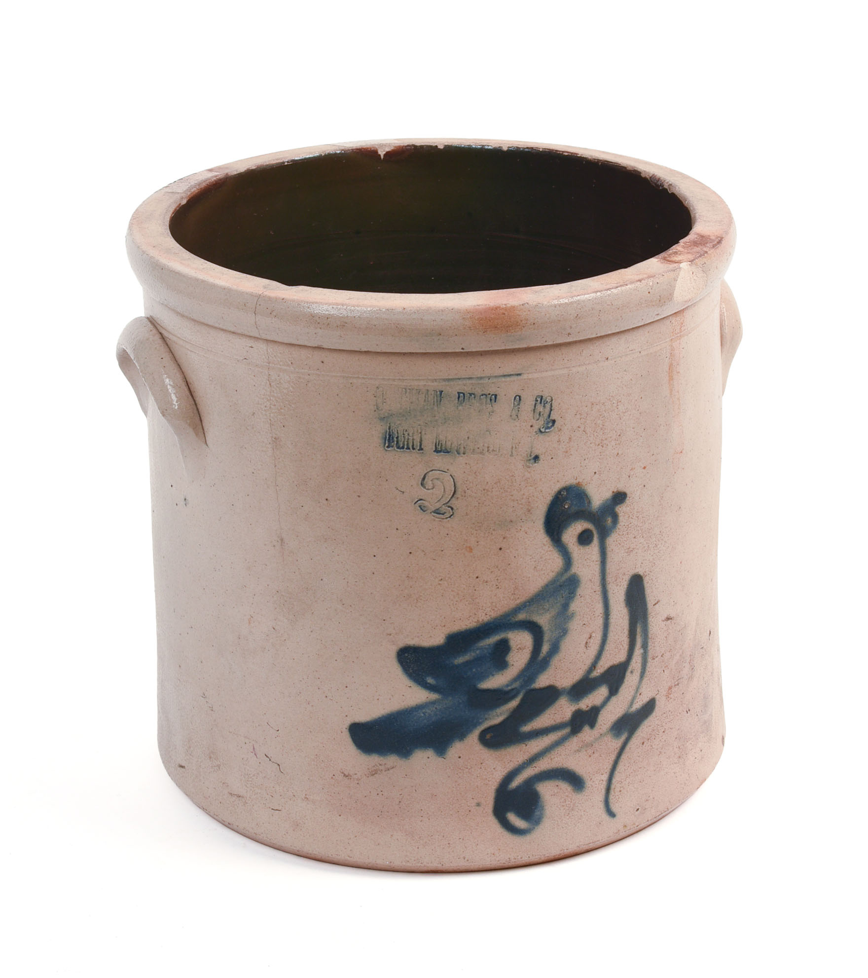 OTTMAN BROS. TWO-GALLON STONEWARE CROCK WITH BIRD DECORATION.