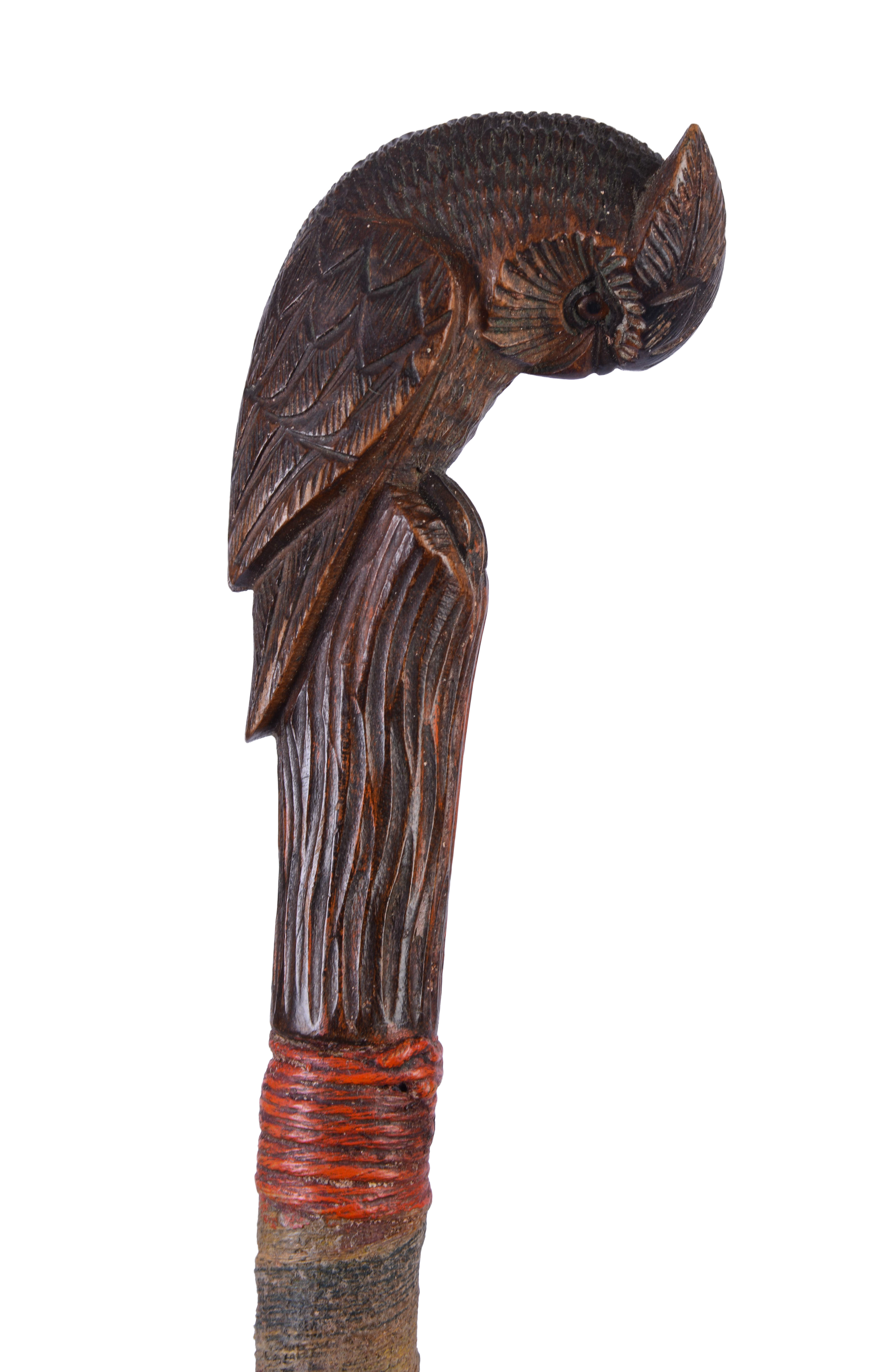 19TH CENTURY SAILOR-MADE CANE WITH OWL HANDLE.