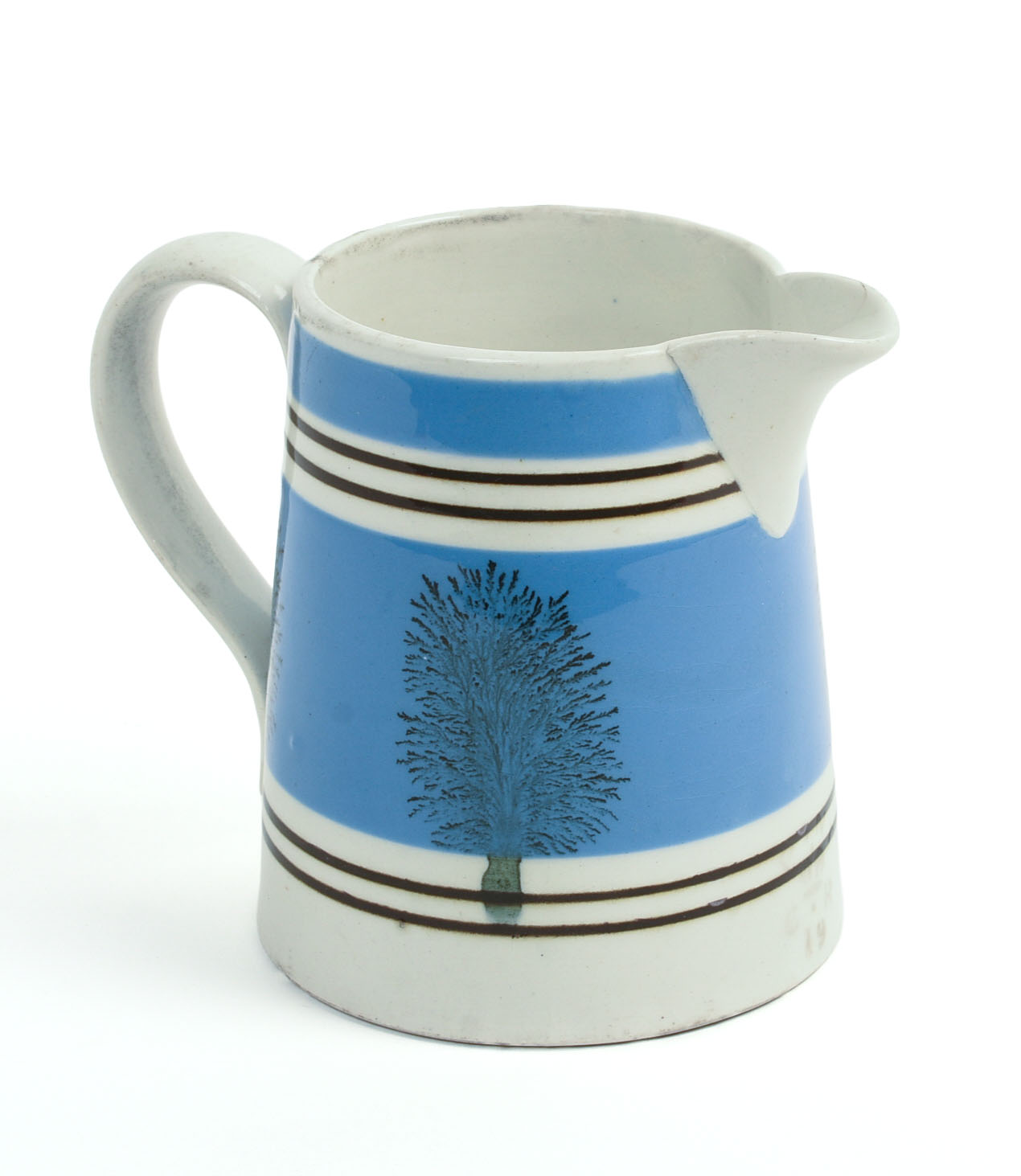 ENGLISH MOCHAWARE BLUE-BANDED PITCHER WITH SEAWEED DECORATION.