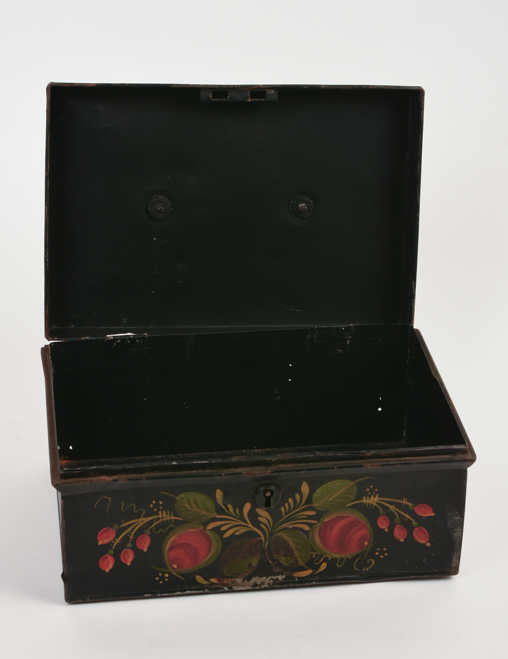 20TH CENTURY PAINT-DECORATED TINWARE DOCUMENT BOX.