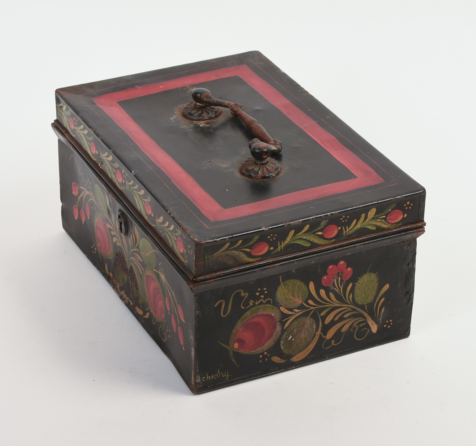 20TH CENTURY PAINT-DECORATED TINWARE DOCUMENT BOX.