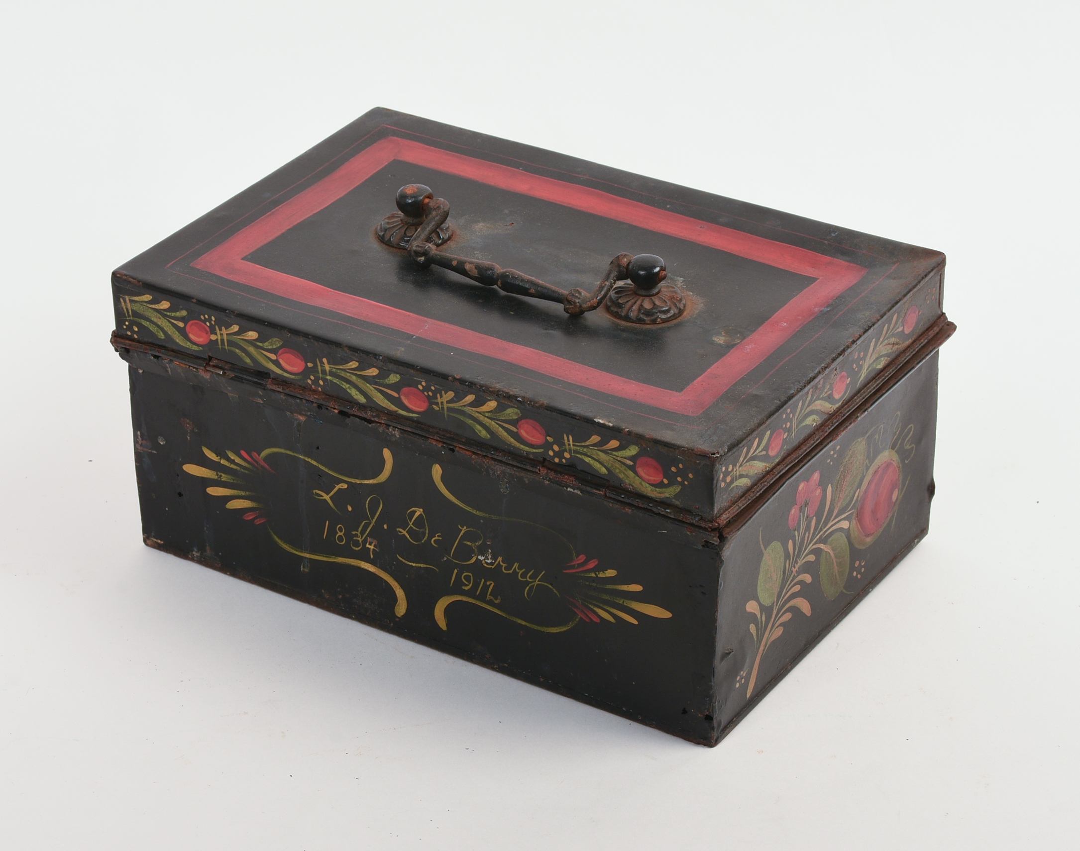 20TH CENTURY PAINT-DECORATED TINWARE DOCUMENT BOX.
