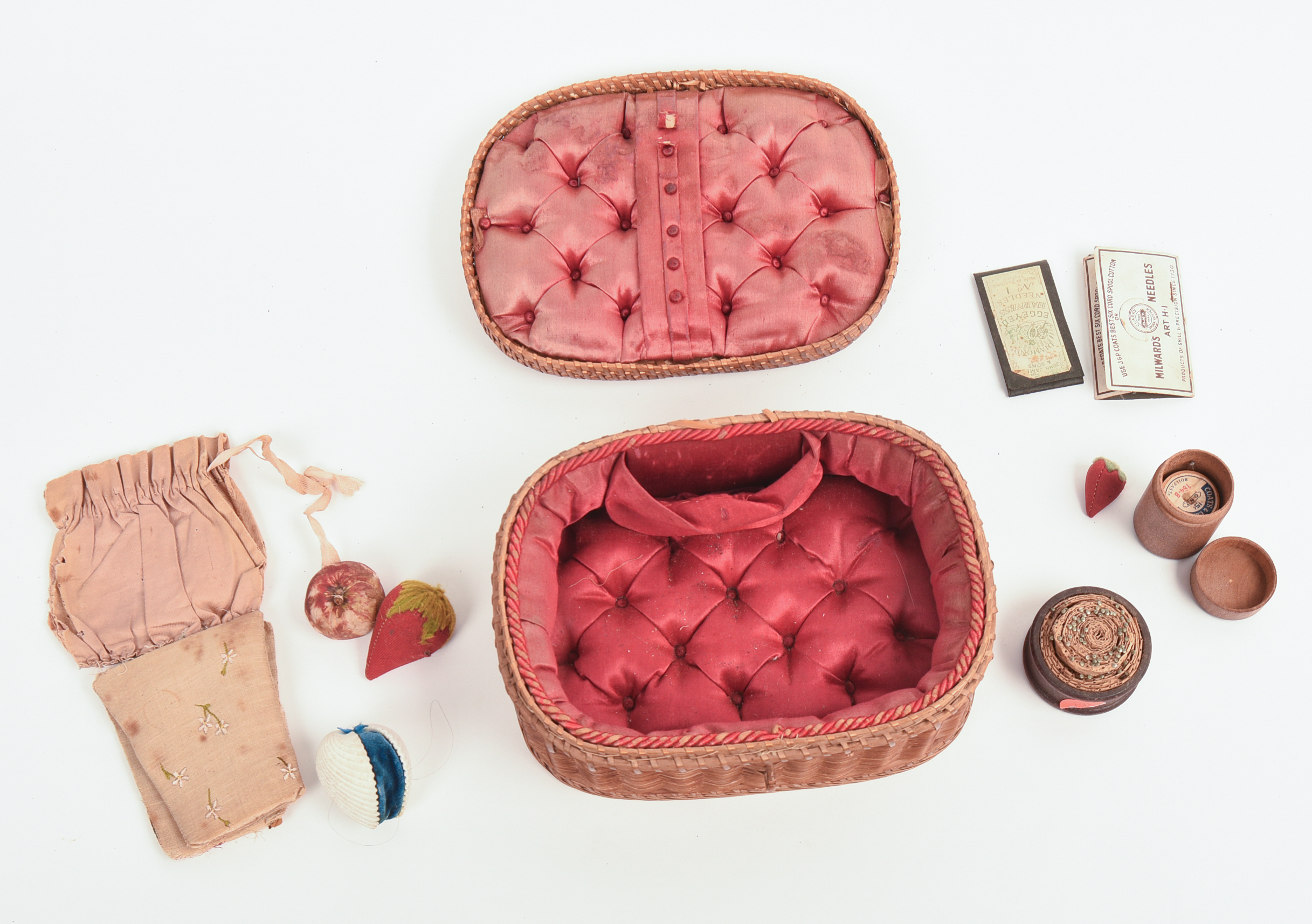 EARLY WOVEN SWEETGRASS SEWING BASKET.
