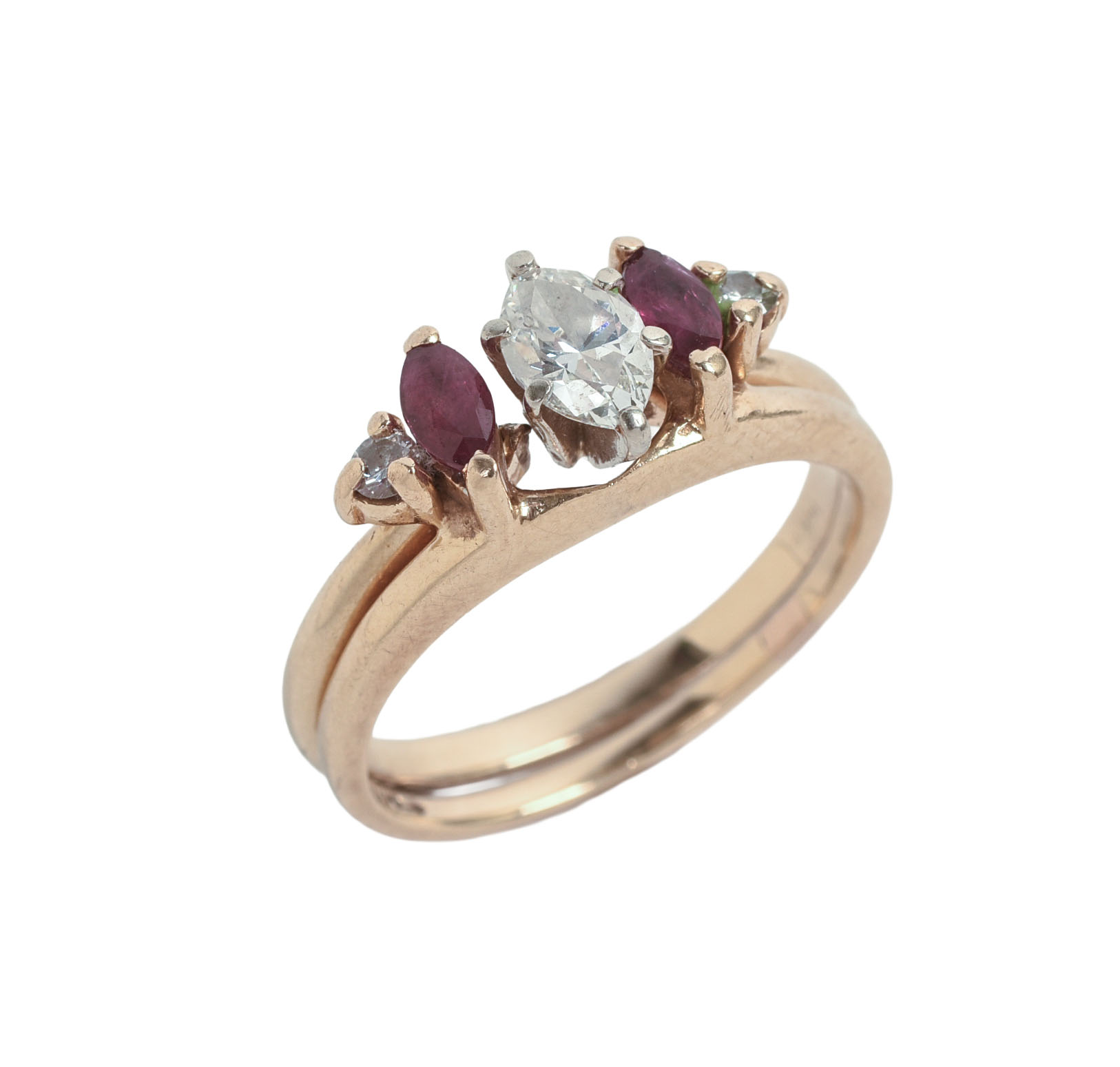 14KT GOLD, DIAMOND AND RUBY WEDDING SET.