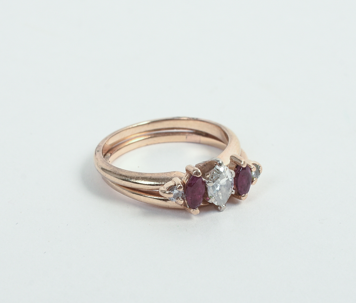 14KT GOLD, DIAMOND AND RUBY WEDDING SET.
