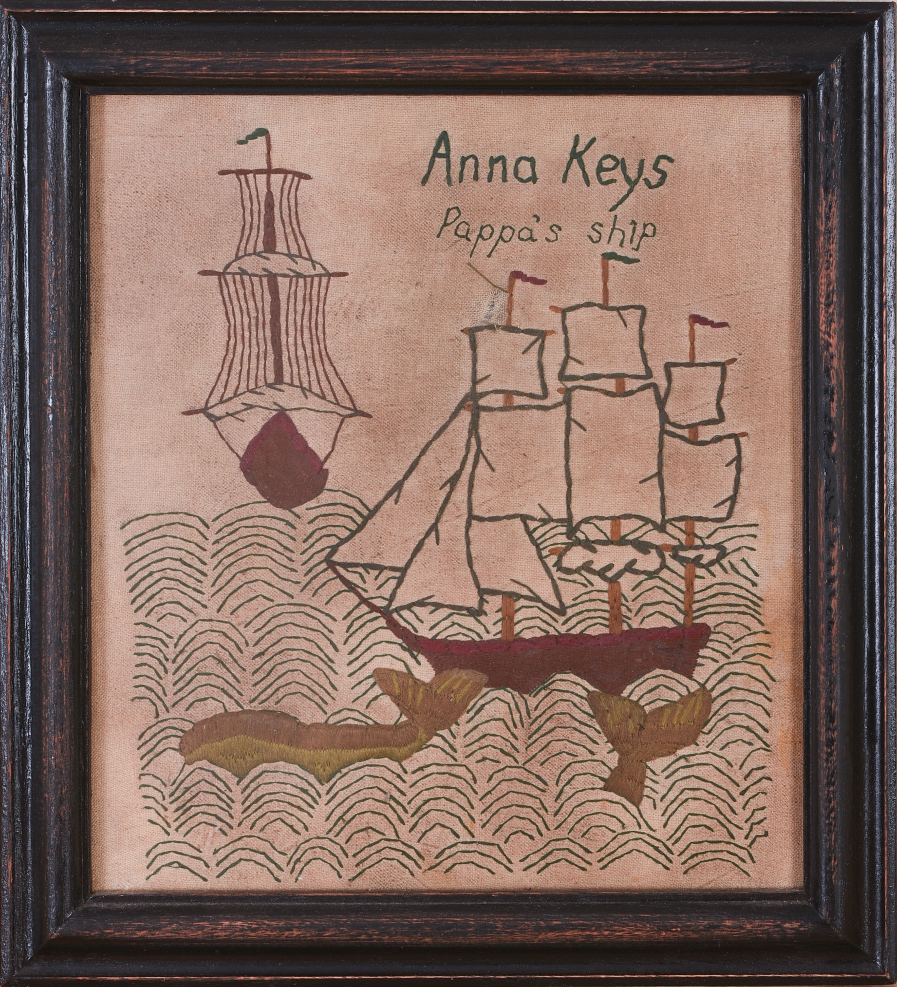 FOLK ART STUMPWORK OF A WHALING SHIP.