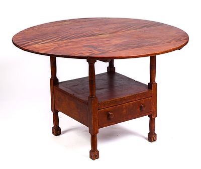 NEW ENGLAND FLAME BIRCH HUTCH TABLE. Height 30 inches, diameter of top 46 inches.