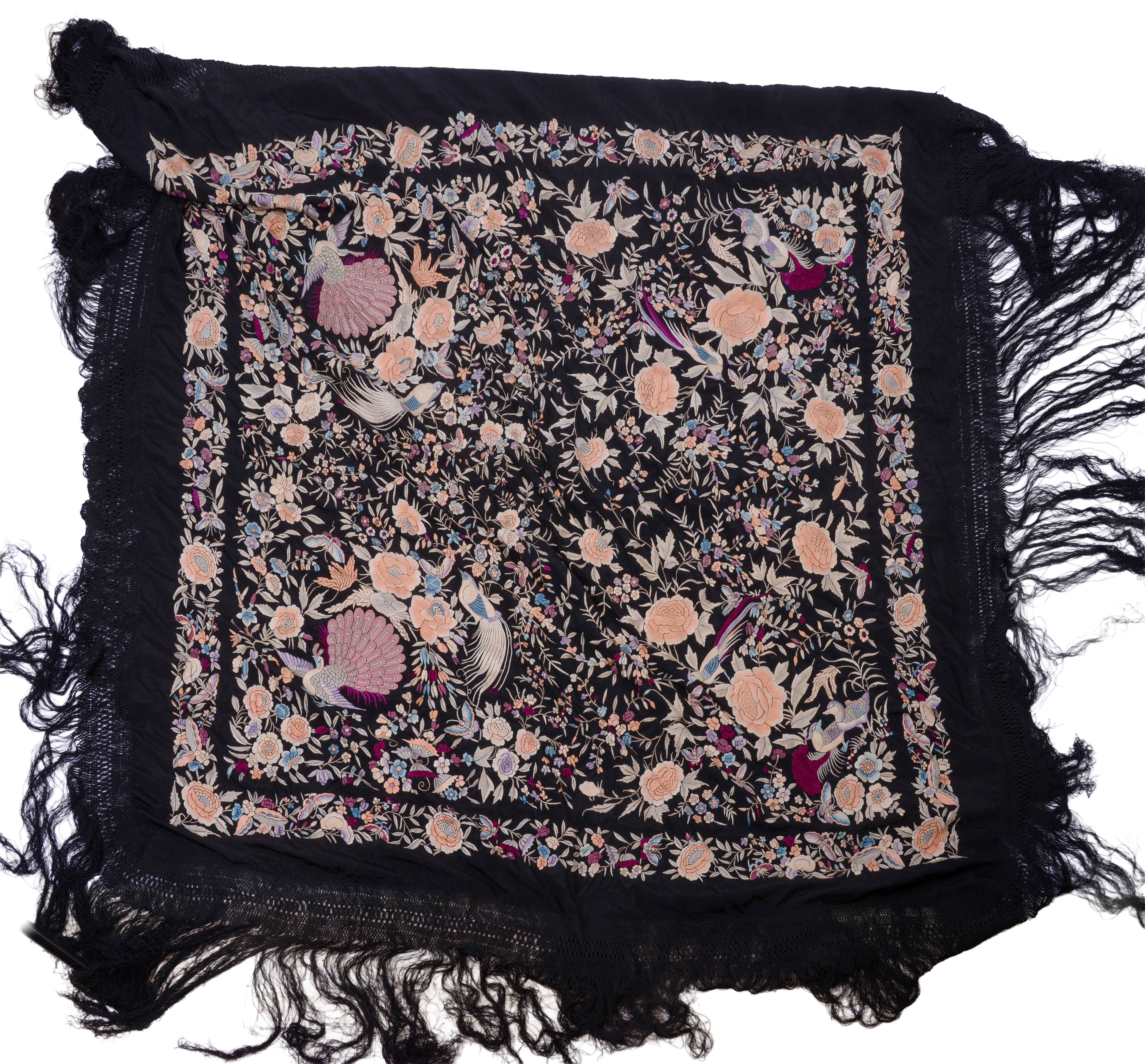 19TH C. CHINESE LARGE SILK FLORAL NEEDLEWORK.