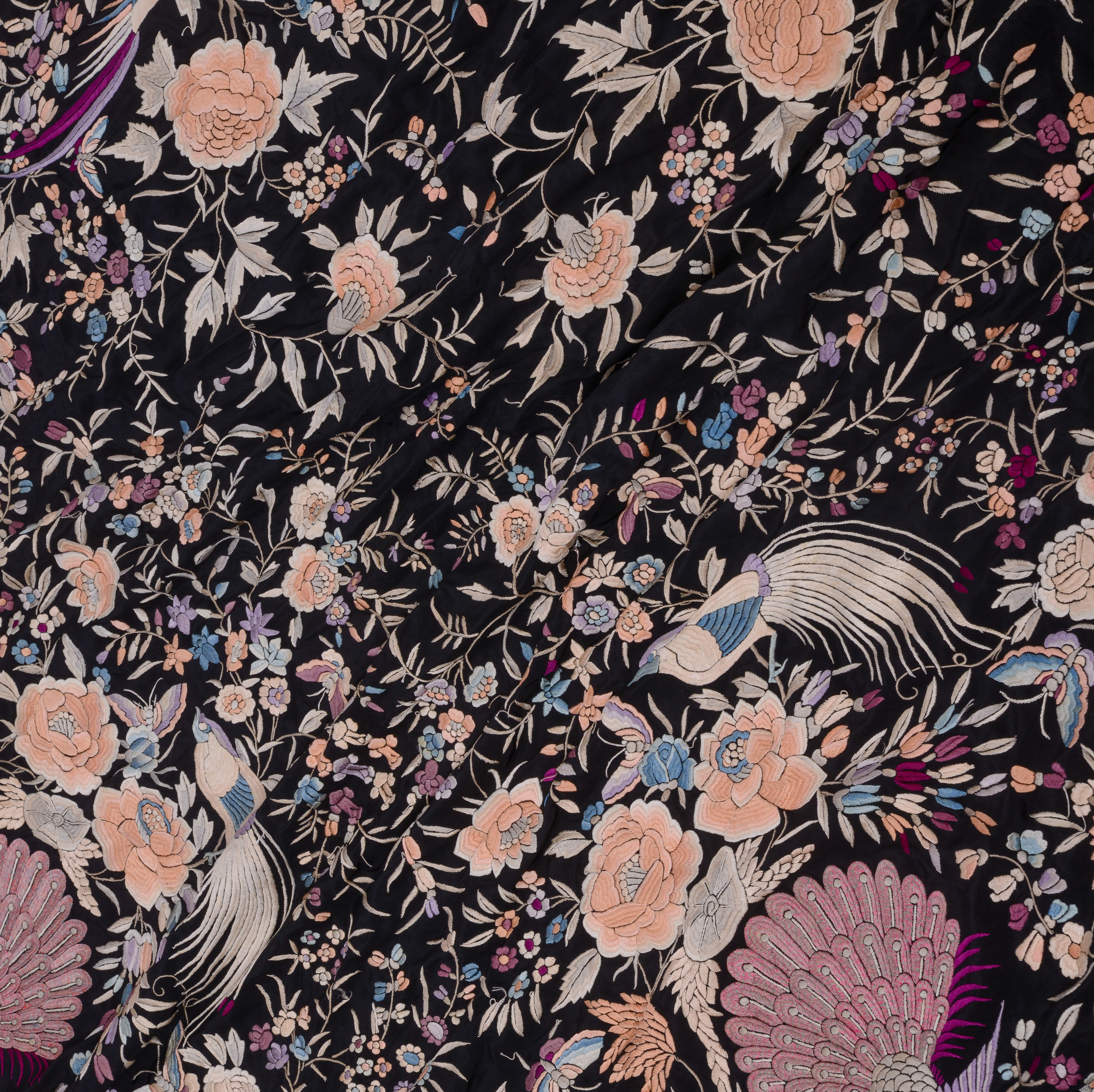 19TH C. CHINESE LARGE SILK FLORAL NEEDLEWORK.