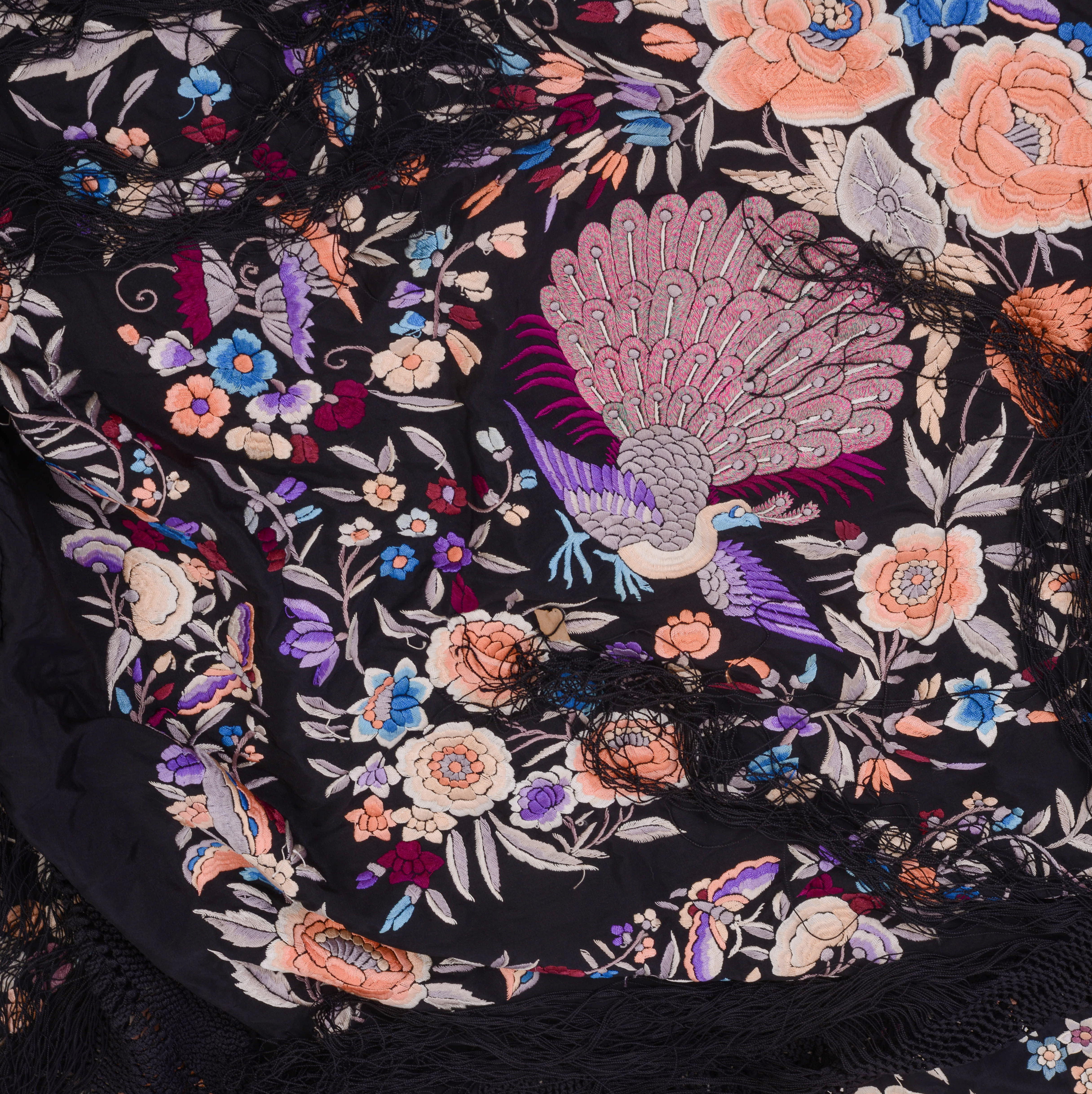 19TH C. CHINESE LARGE SILK FLORAL NEEDLEWORK.