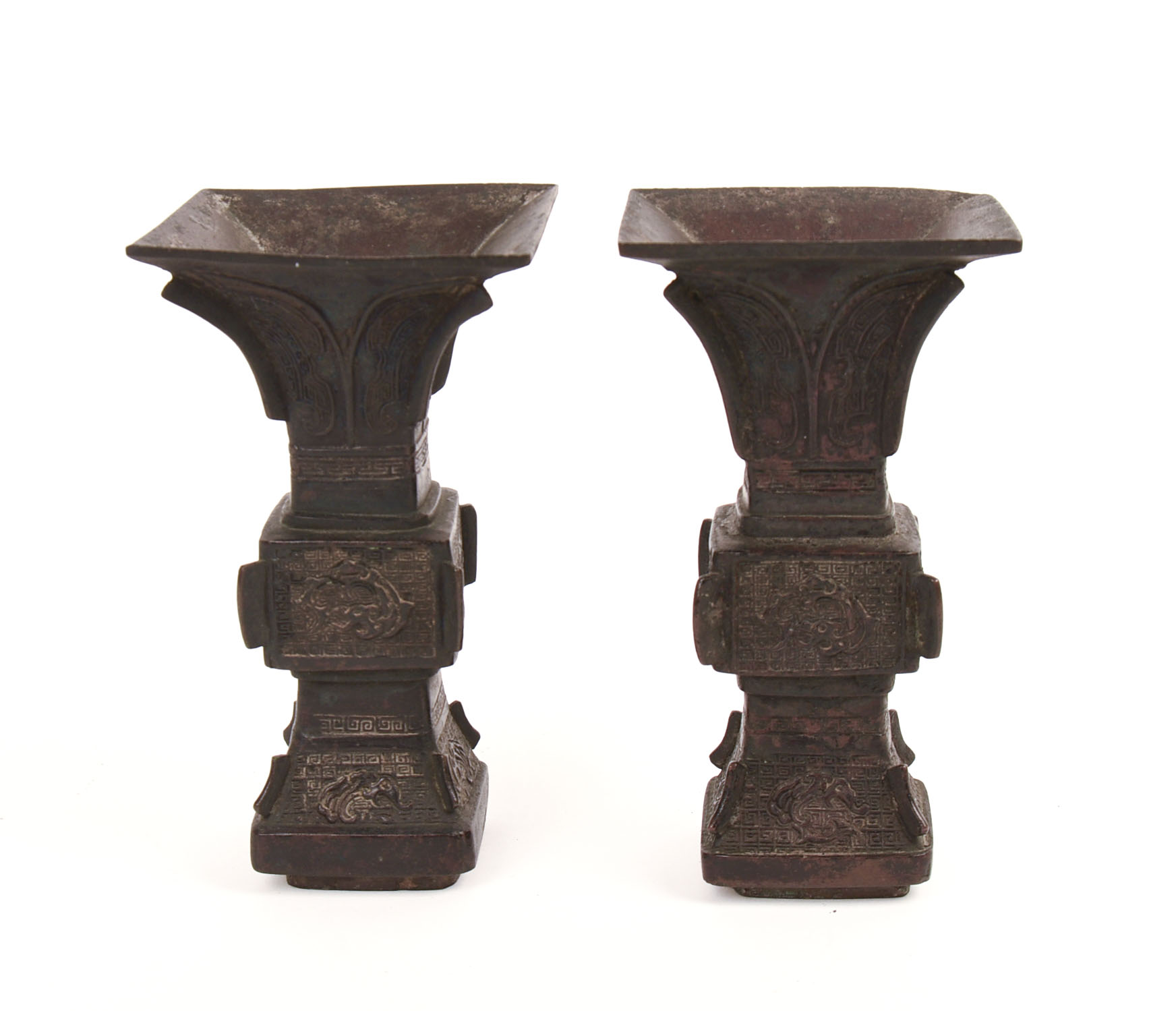 PAIR OF CHINESE MINIATURE ARCHAISTIC "GU" SHAPED BRONZE VASES.