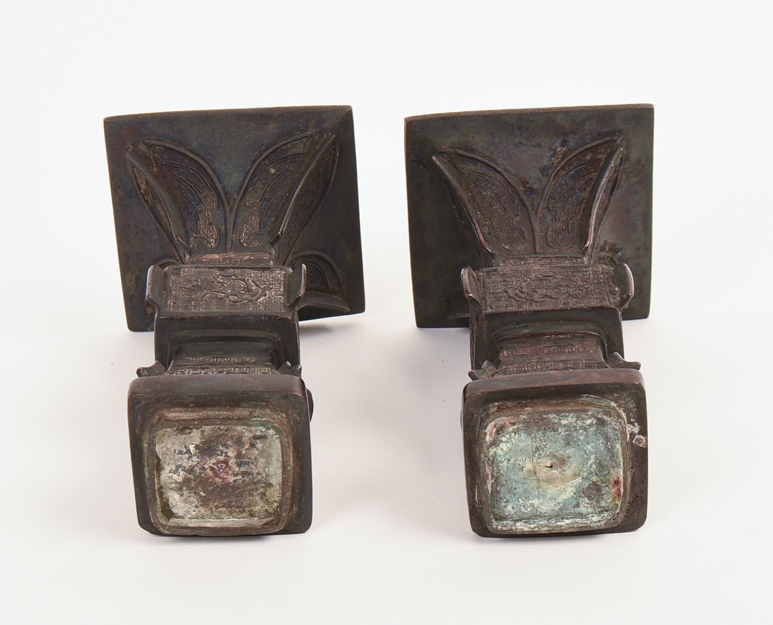 PAIR OF CHINESE MINIATURE ARCHAISTIC "GU" SHAPED BRONZE VASES.