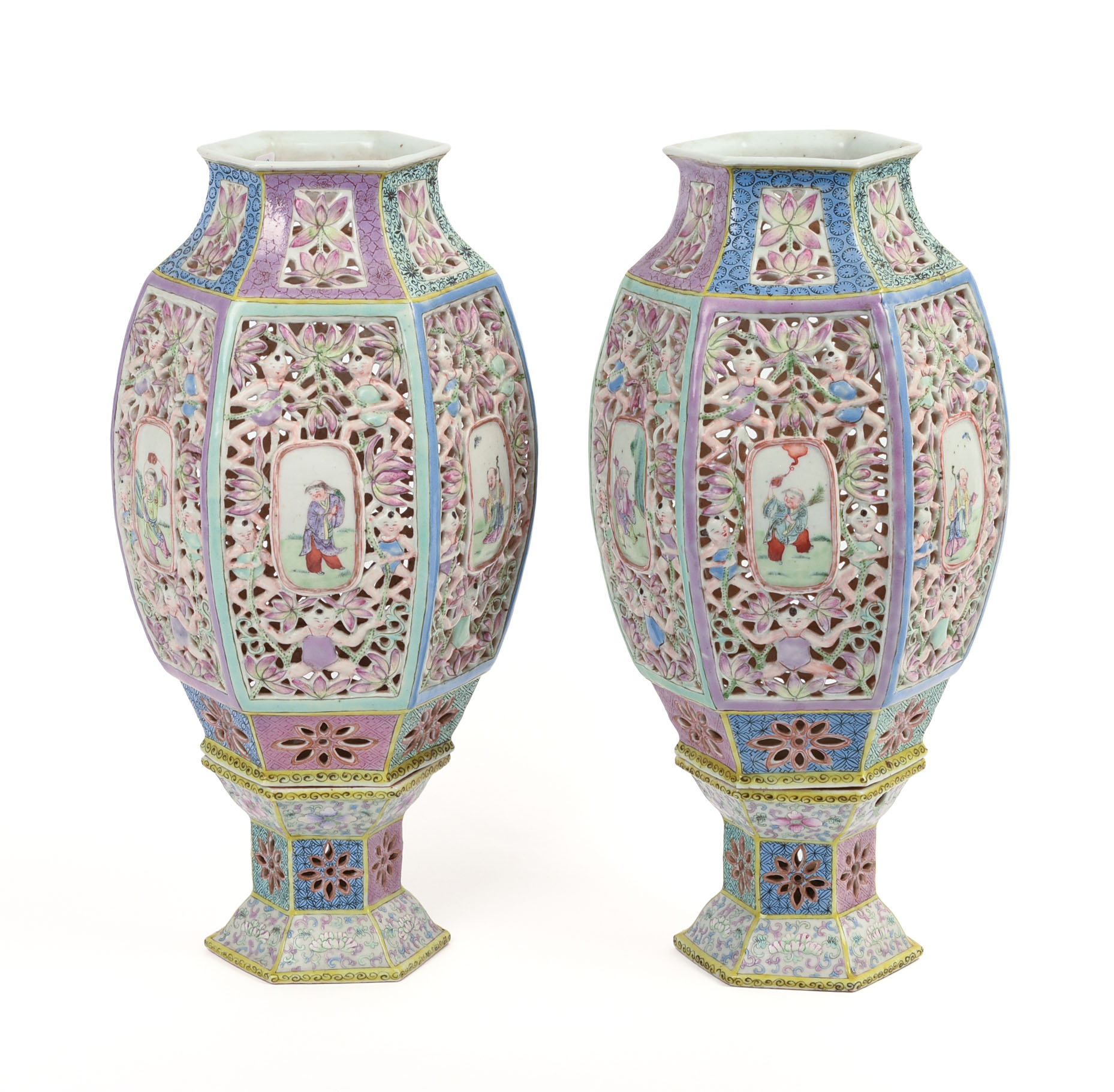 PAIR OF CHINESE RETICULATED FAMILLE ROSE "WEDDING LANTERNS."