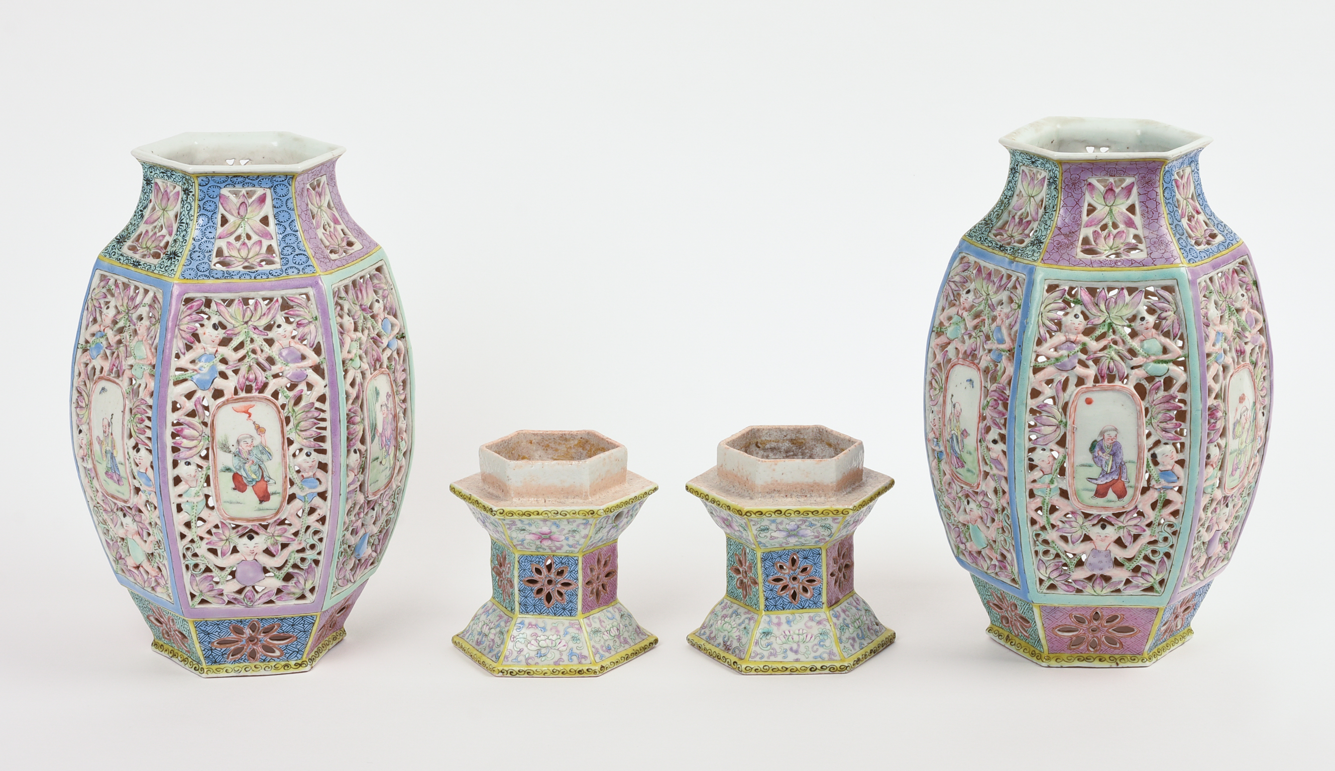 PAIR OF CHINESE RETICULATED FAMILLE ROSE "WEDDING LANTERNS."