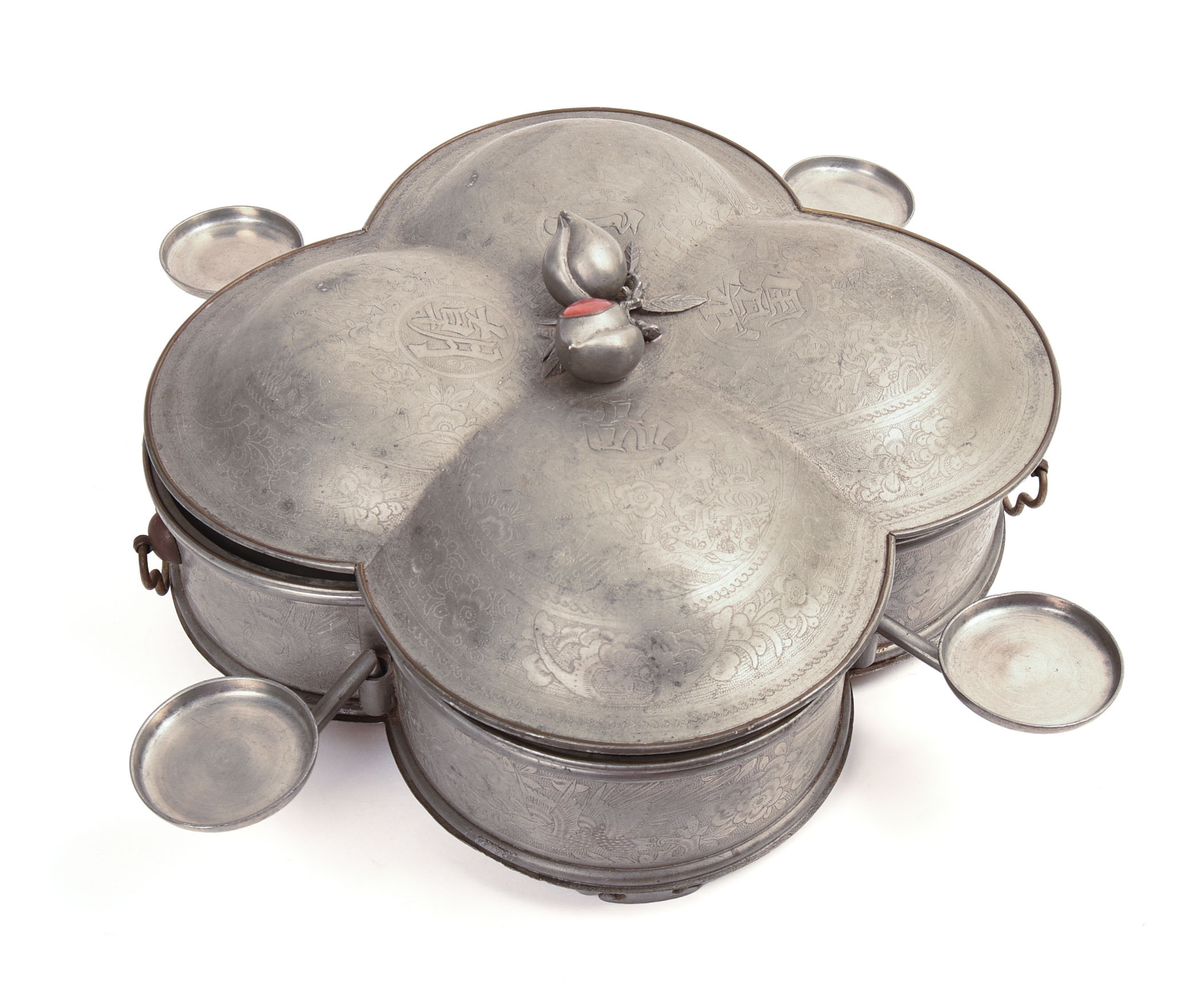 LARGE CHINESE INCISE DECORATED SWATOW PEWTER SECTIONAL.