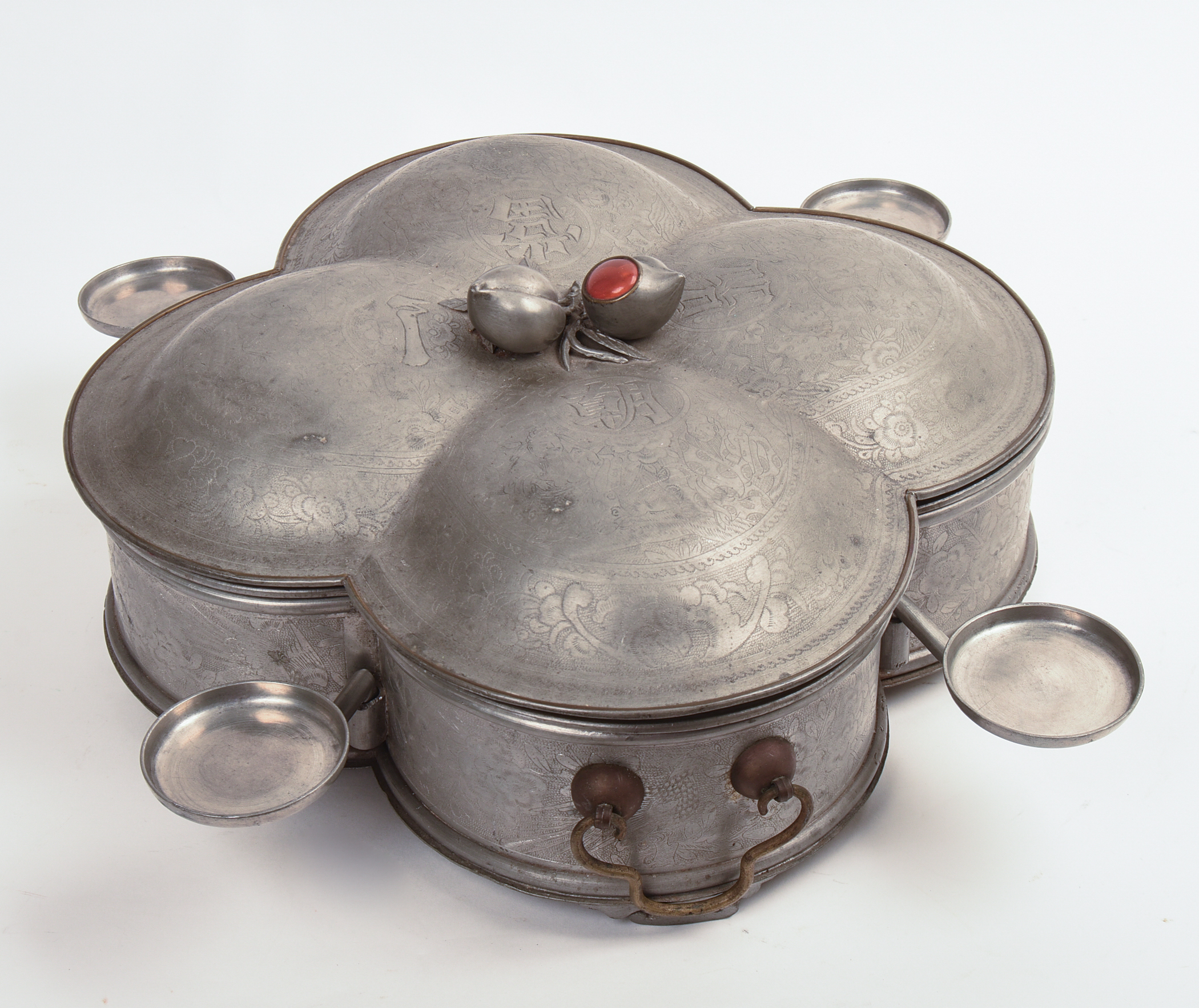 LARGE CHINESE INCISE DECORATED SWATOW PEWTER SECTIONAL.