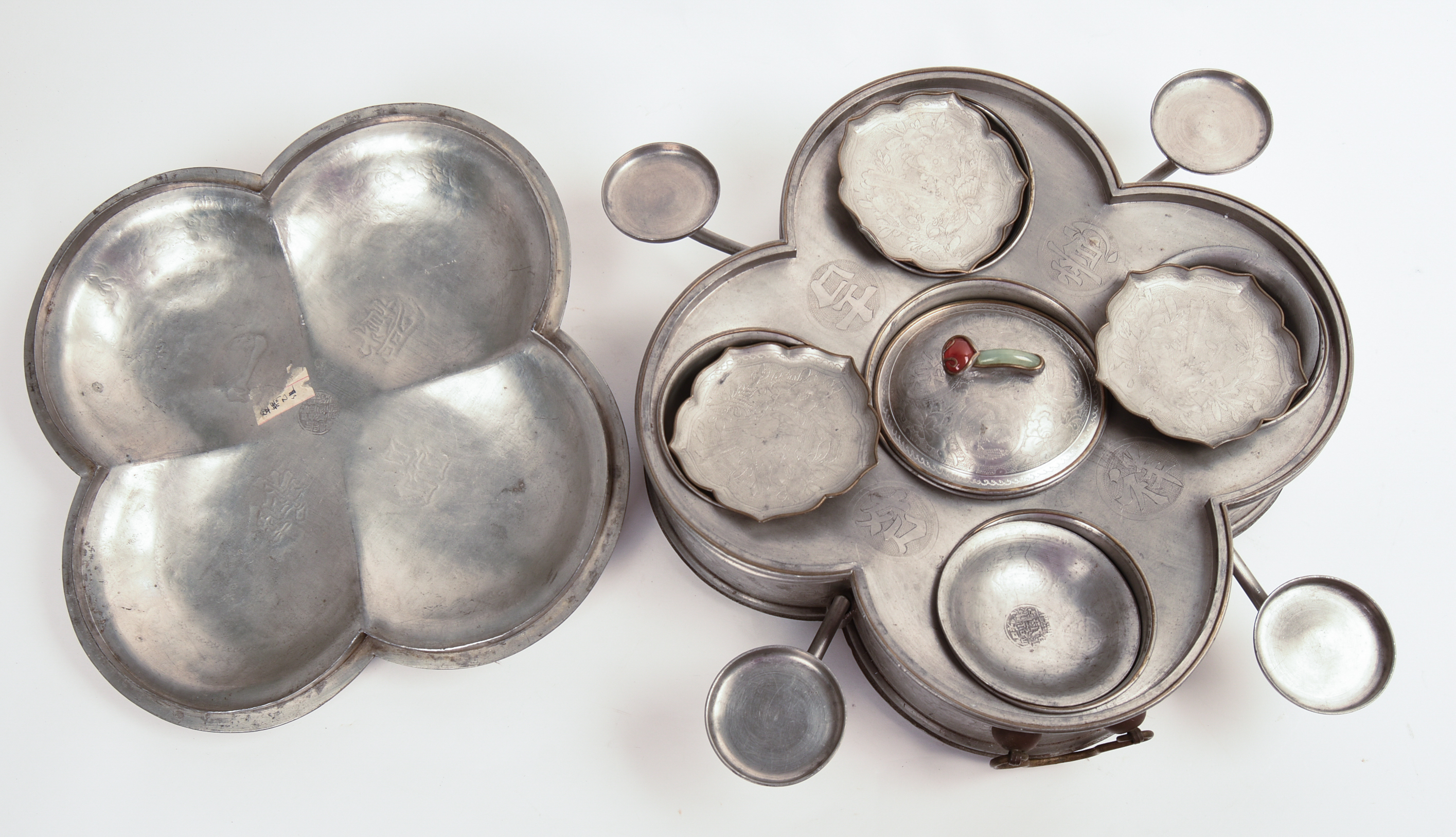 LARGE CHINESE INCISE DECORATED SWATOW PEWTER SECTIONAL.