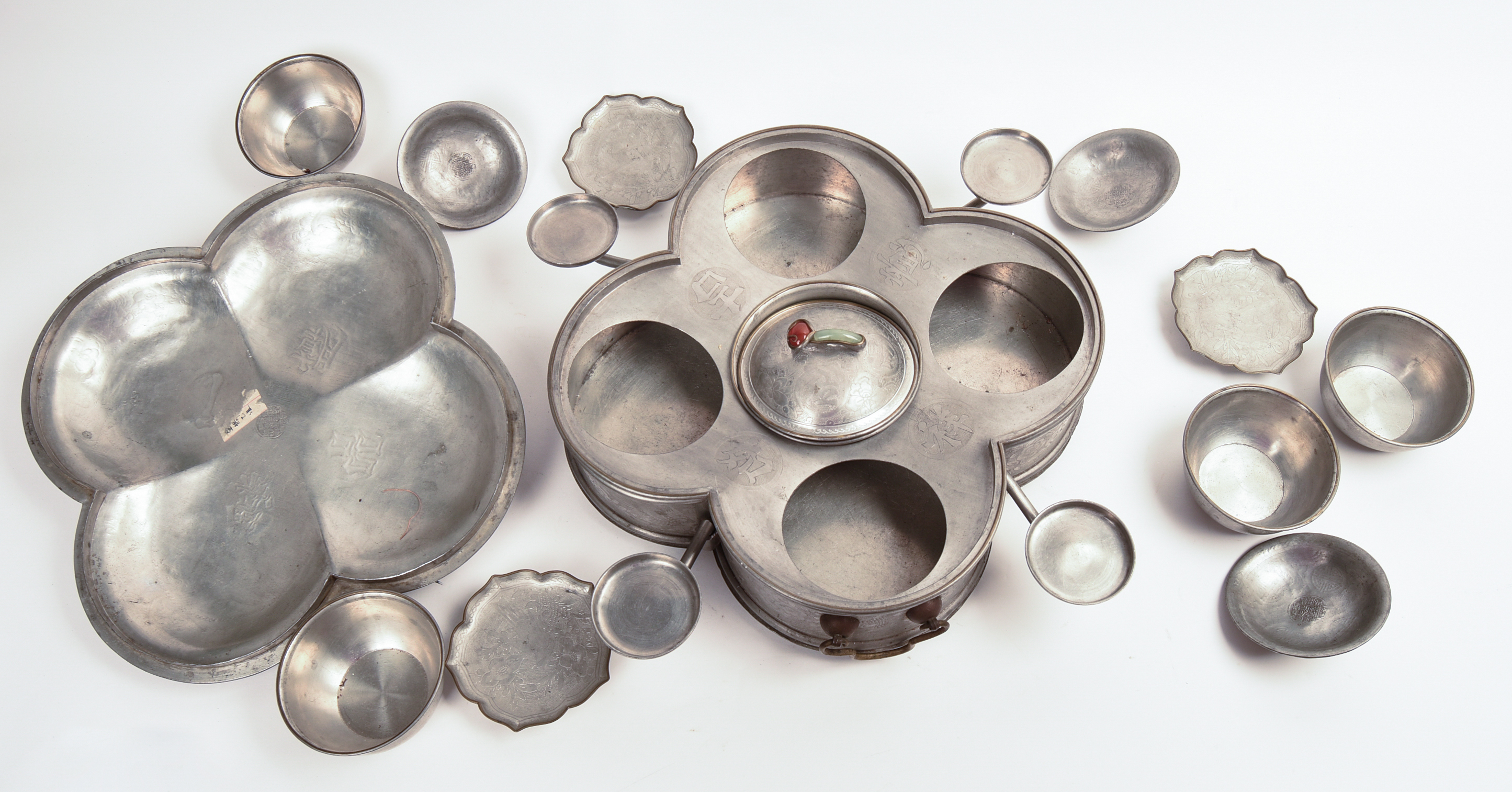 LARGE CHINESE INCISE DECORATED SWATOW PEWTER SECTIONAL.