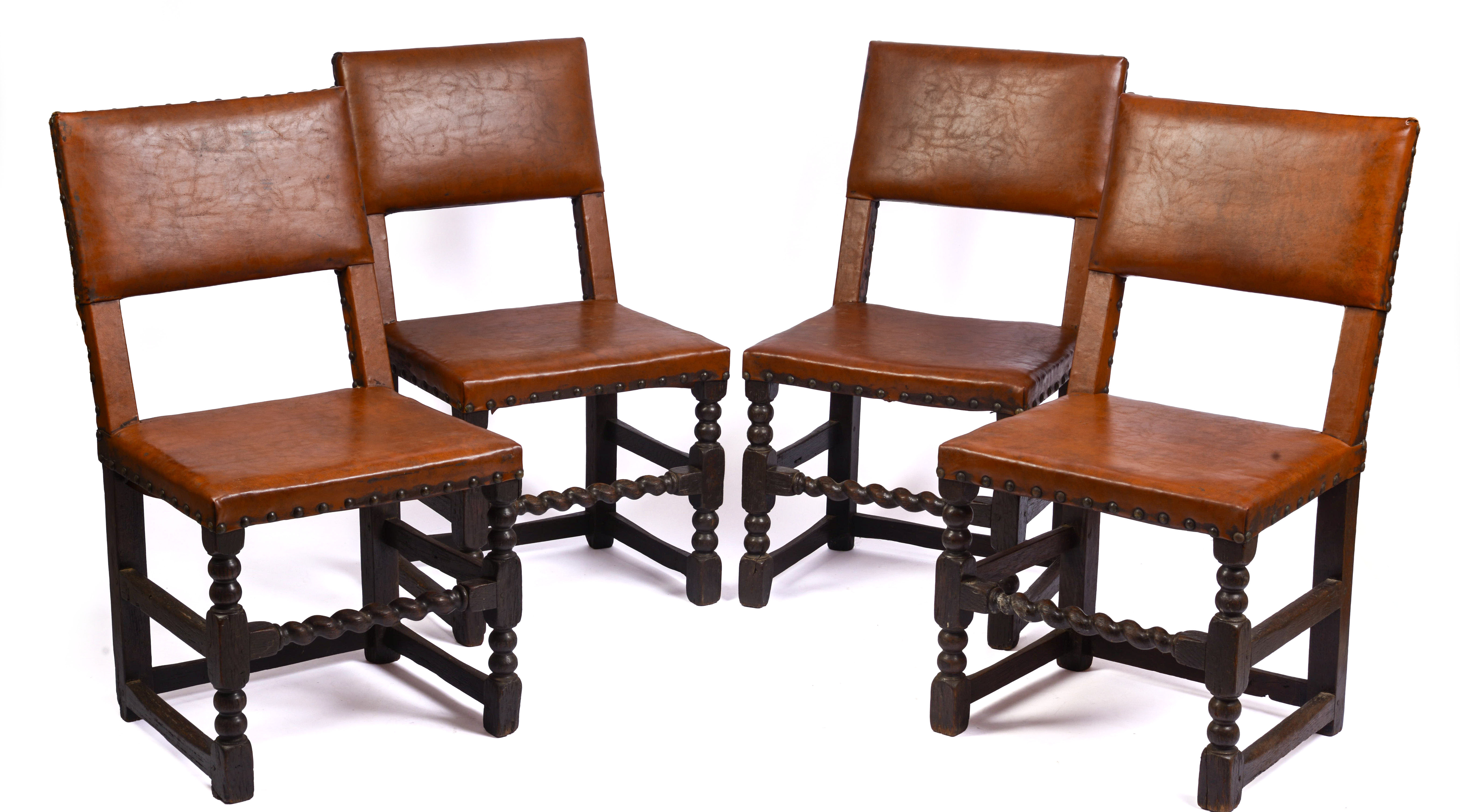 SCARCE SET OF FOUR, MID-17TH CENTURY LEATHER BACK STOOLS.