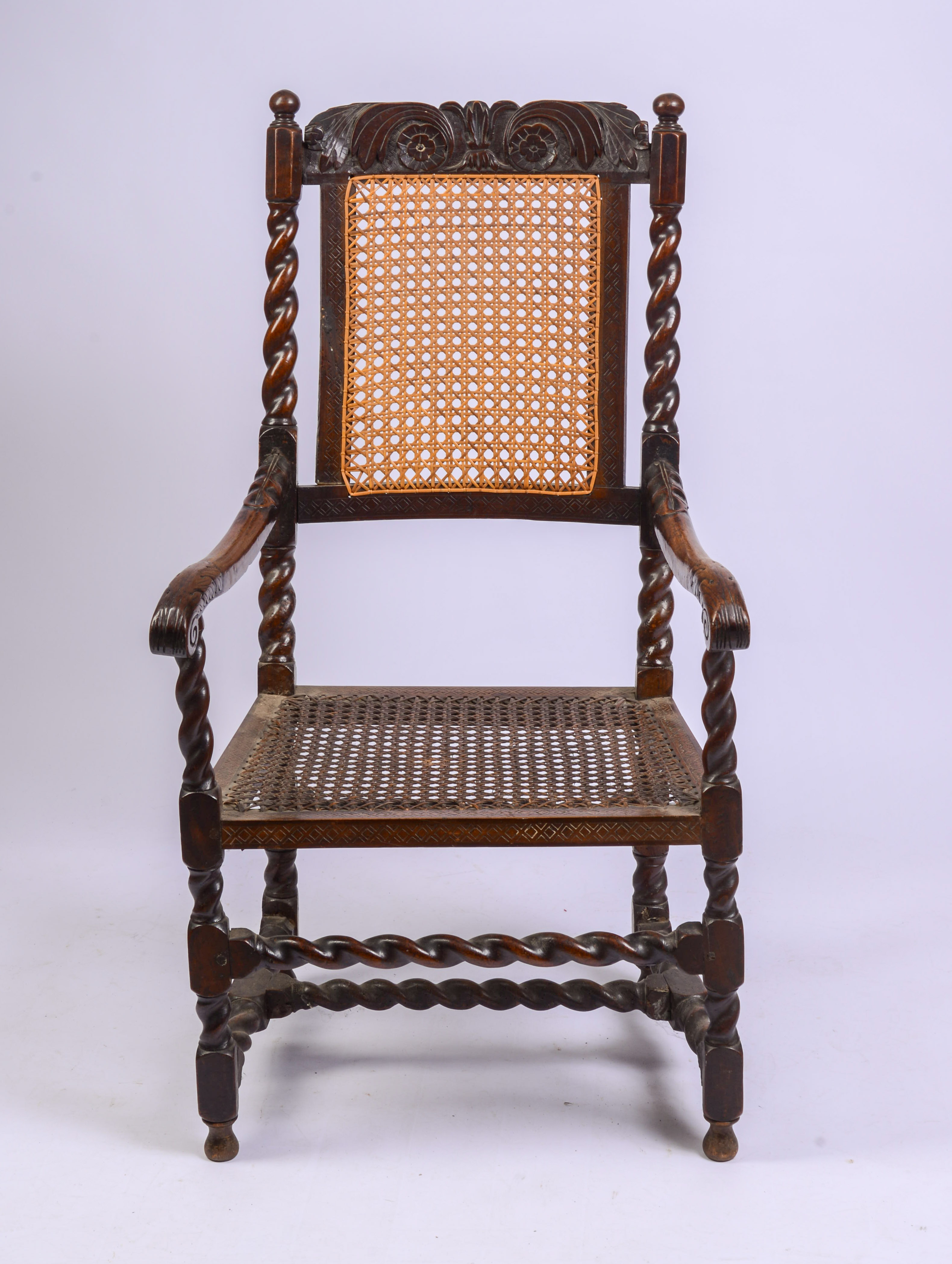FINE 17TH-CENTURY ENGLISH CANED ARMCHAIR.