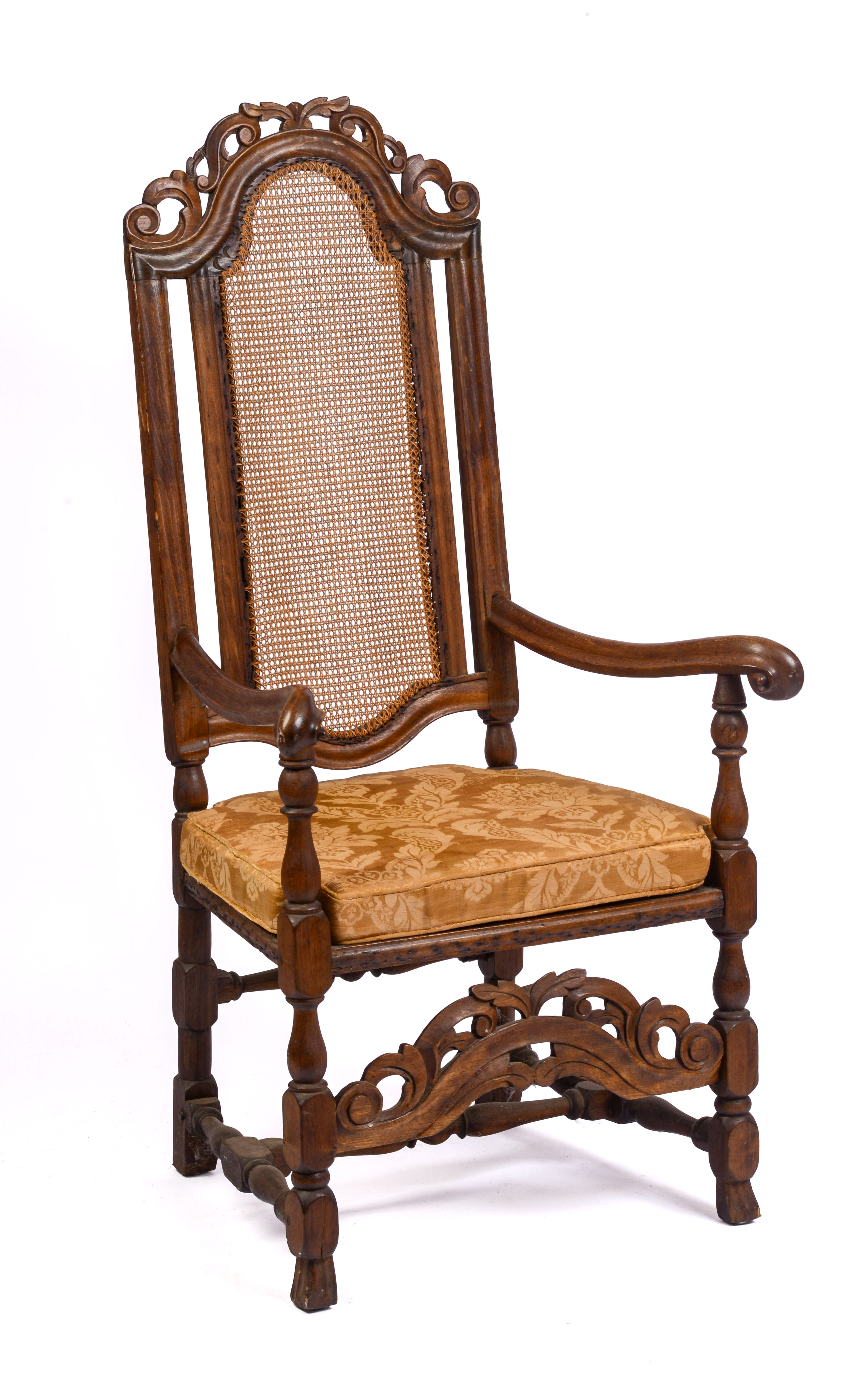 JACOBEAN CANE BACK ARMCHAIR.