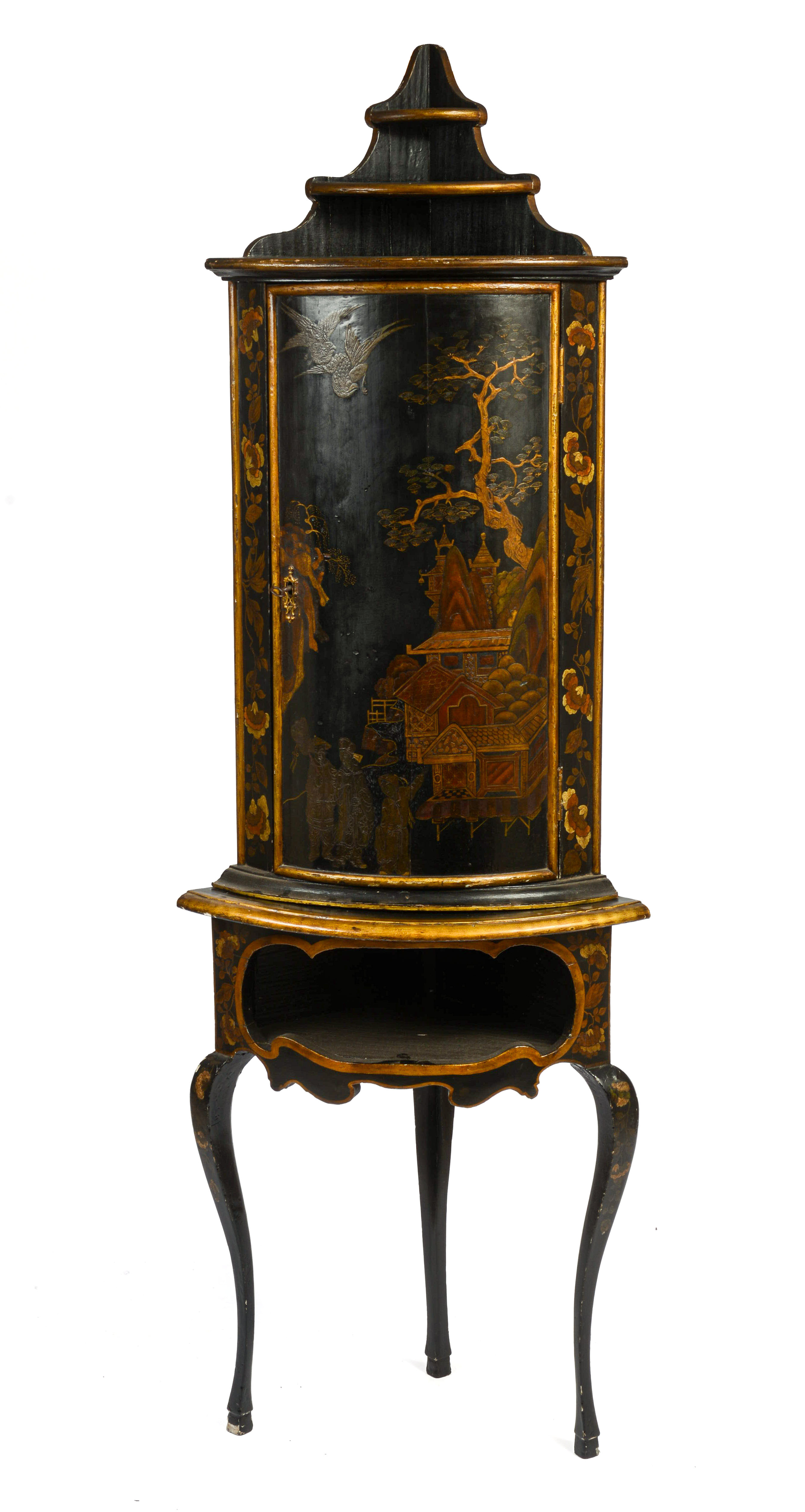 19TH CENTURY CHINOISERIE PAINT-DECORATED TWO-PIECE CORNER CUPBOARD.