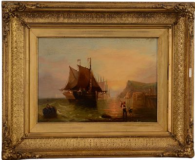 19TH-CENTURY TONALIST OIL PAINTING ON BOARD. Of ships in a bay with onlookers along the shore. 