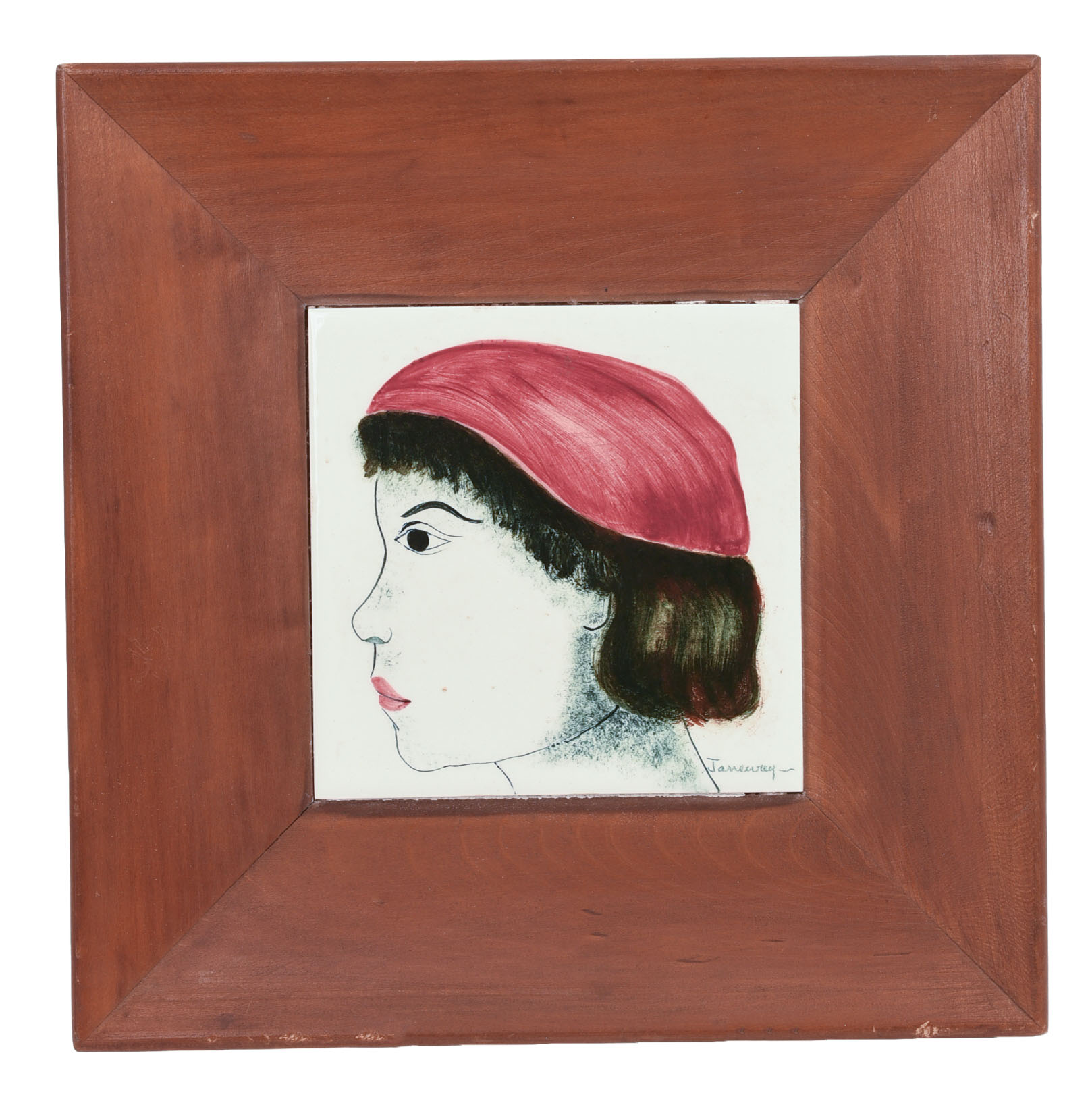 A FRAMED TILE PROFILE PORTRAIT SIGNED JANEWAY.