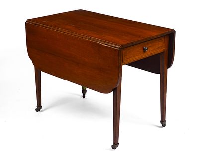 HEPPLEWHITE MAHOGANY PEMBROKE TABLE. Height 28 inches, length 37 inches, depth 20 inches. Each 