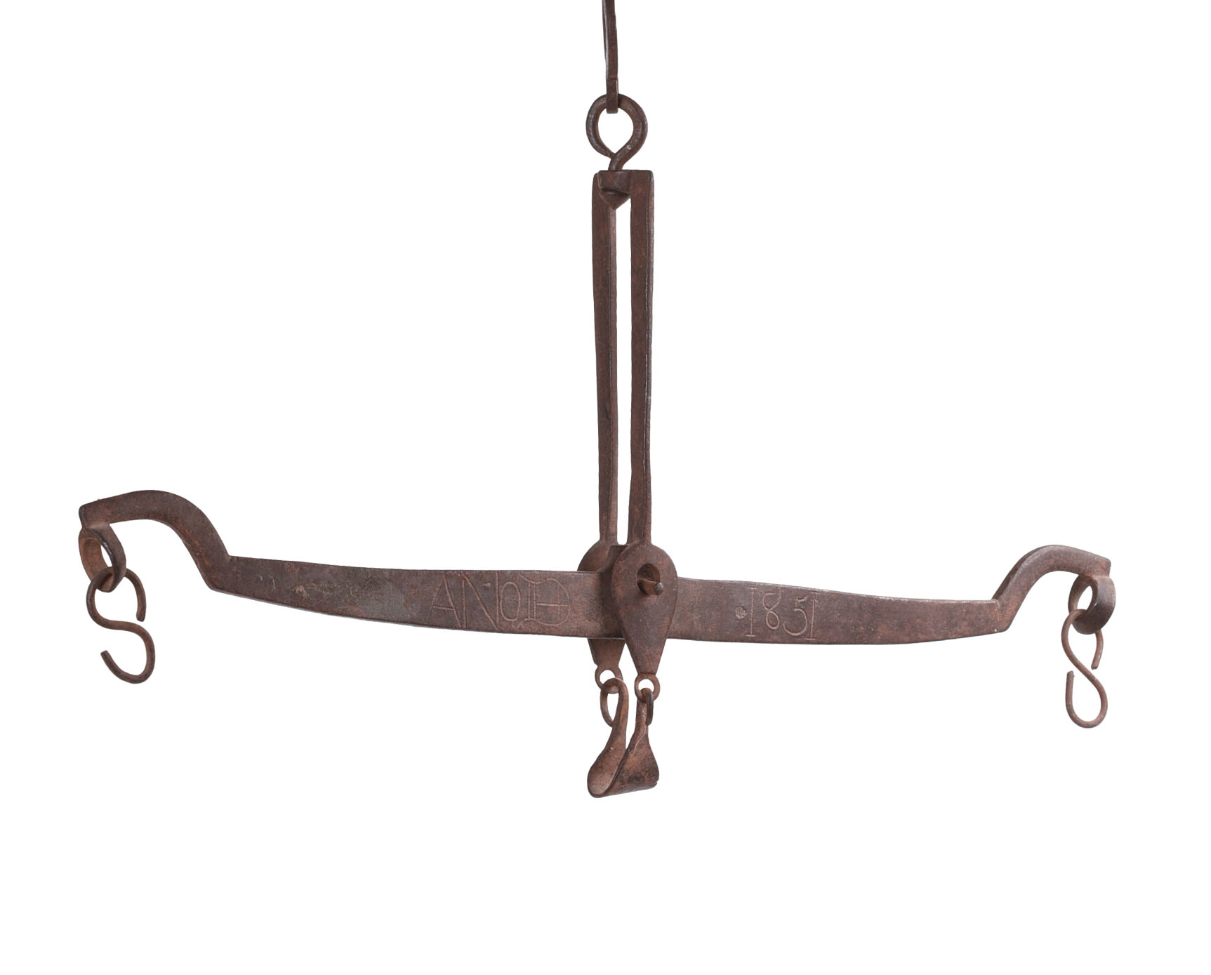 WROUGHT IRON BALANCE SCALE, DATED 1851.