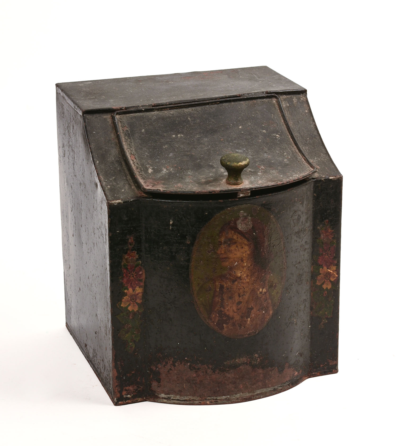 CONTINENTAL TIN TEA CANISTER WITH PORTRAIT OF A WOMAN