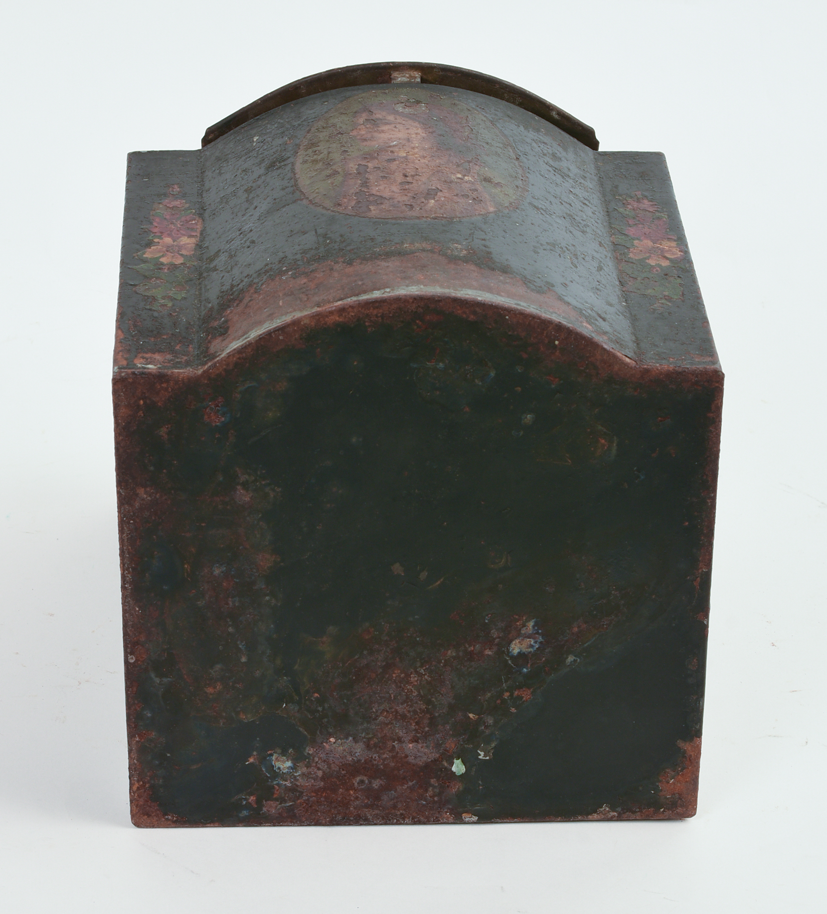 CONTINENTAL TIN TEA CANISTER WITH PORTRAIT OF A WOMAN