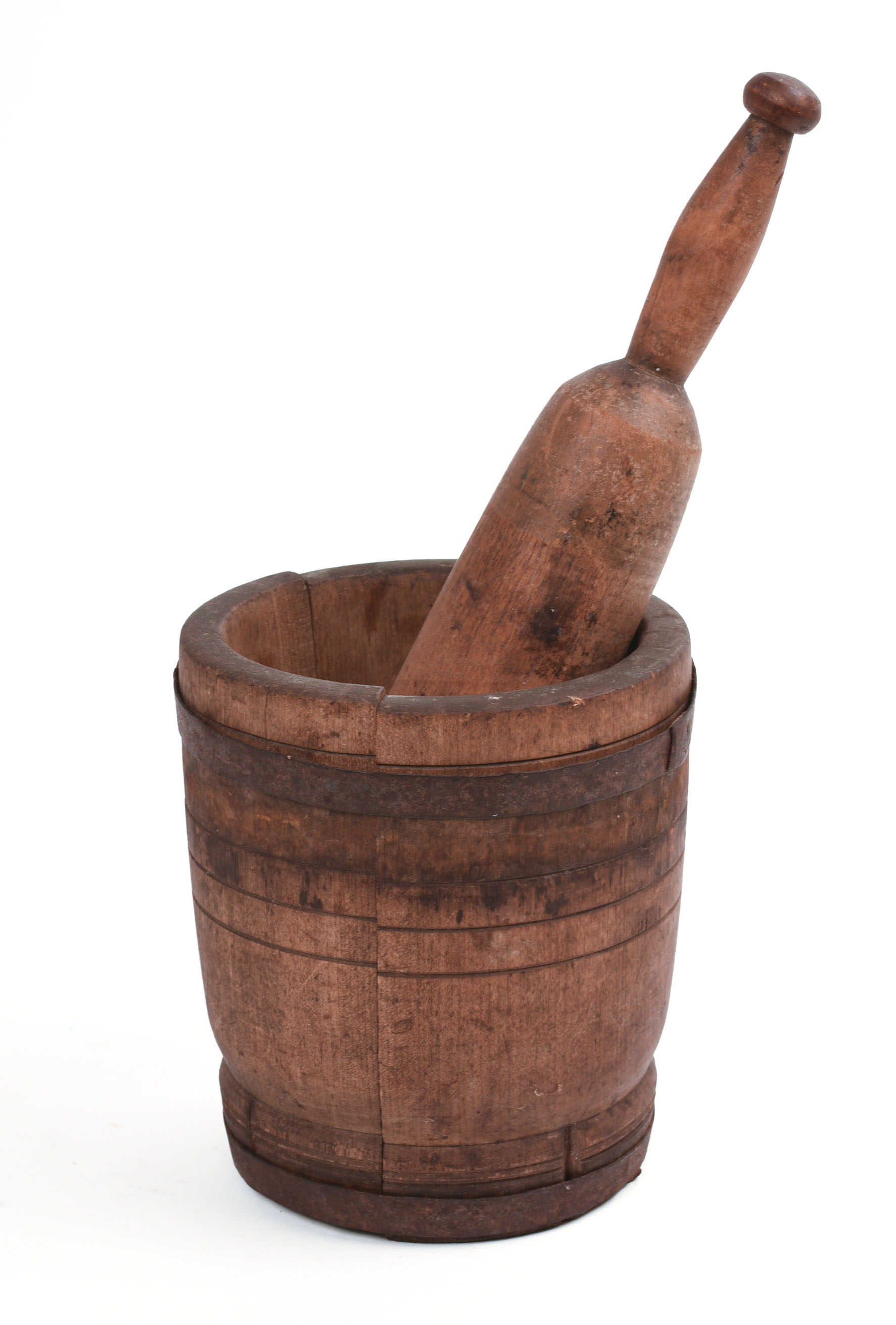 IRON BOUND MORTAR AND PESTLE.