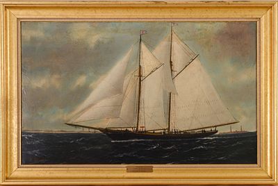 WILLIAM P. STUBBS (1842-1909). THE SCHOONER JOHN M. KEEN. Oil on canvas, depicted sailing past 