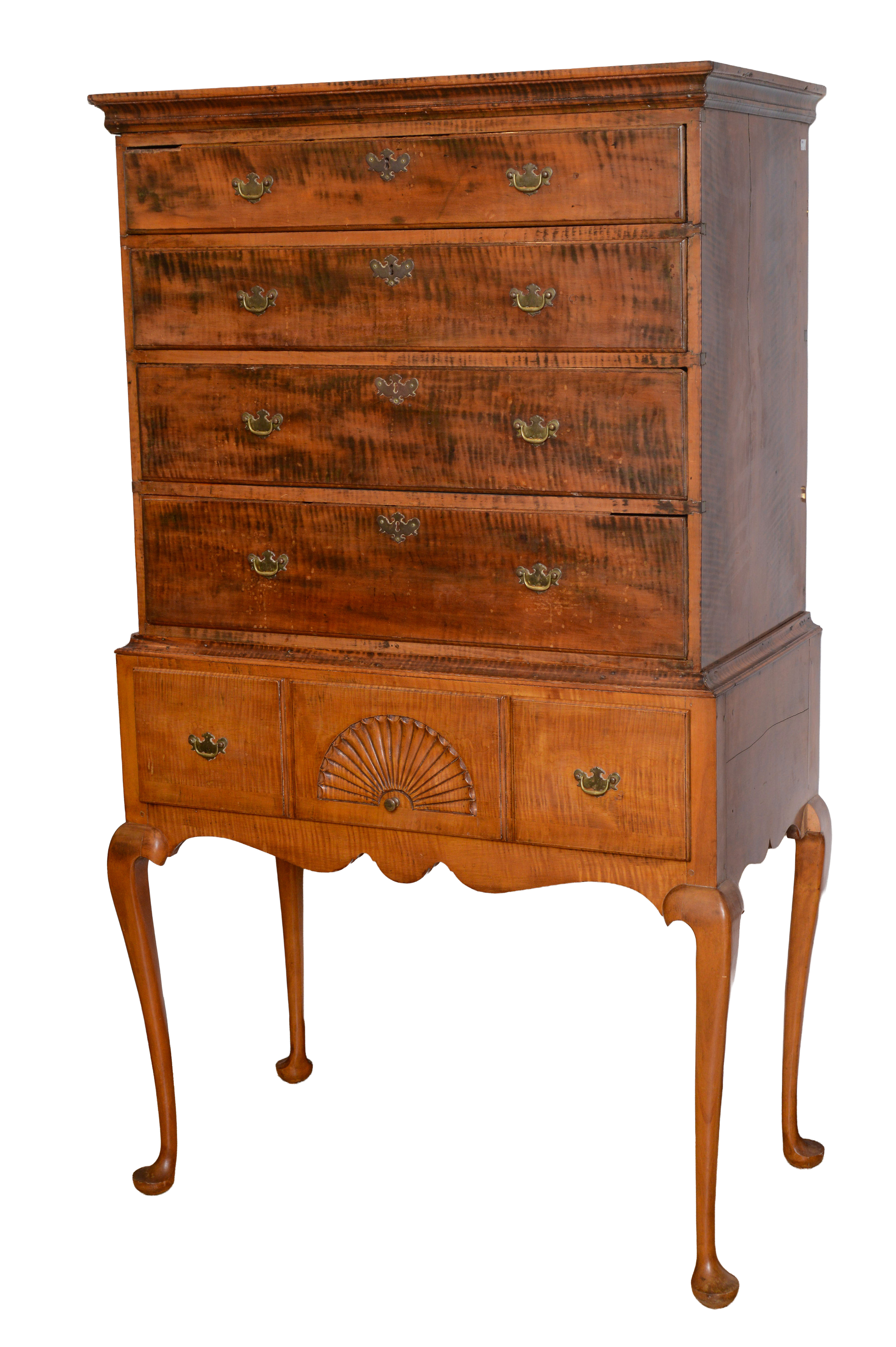 ELDRED WHEELER QUEEN ANNE STYLE TIGER MAPLE HIGHBOY.