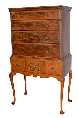 NEW ENGLAND QUEEN ANNE STYLE TIGER MAPLE HIGHBOY. Height 67.5 inches, width 36 inches, depth 