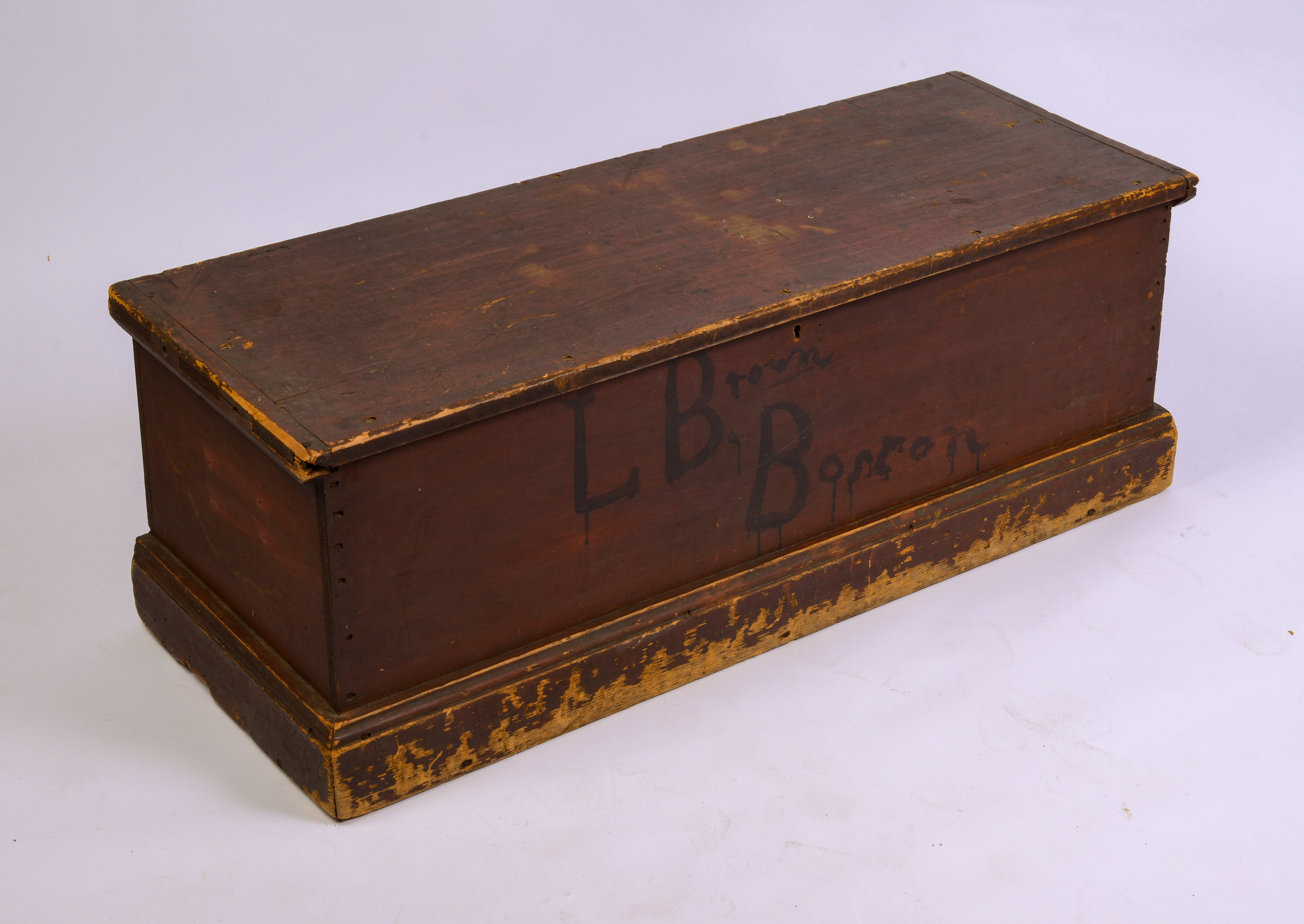 PINE BLANKET CHEST IN OLD RED WITH BOSTON ADDRESS.
