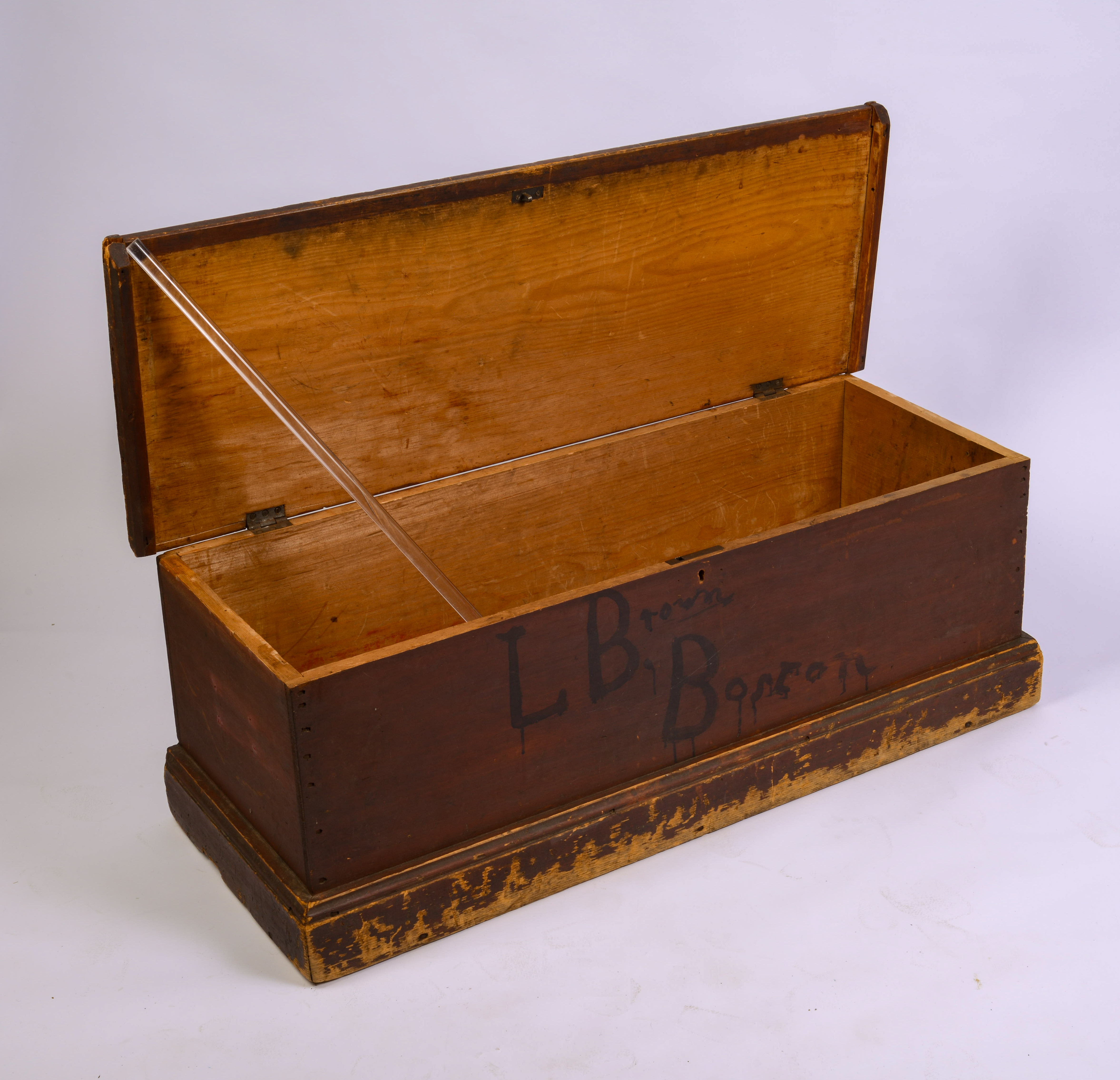 PINE BLANKET CHEST IN OLD RED WITH BOSTON ADDRESS.