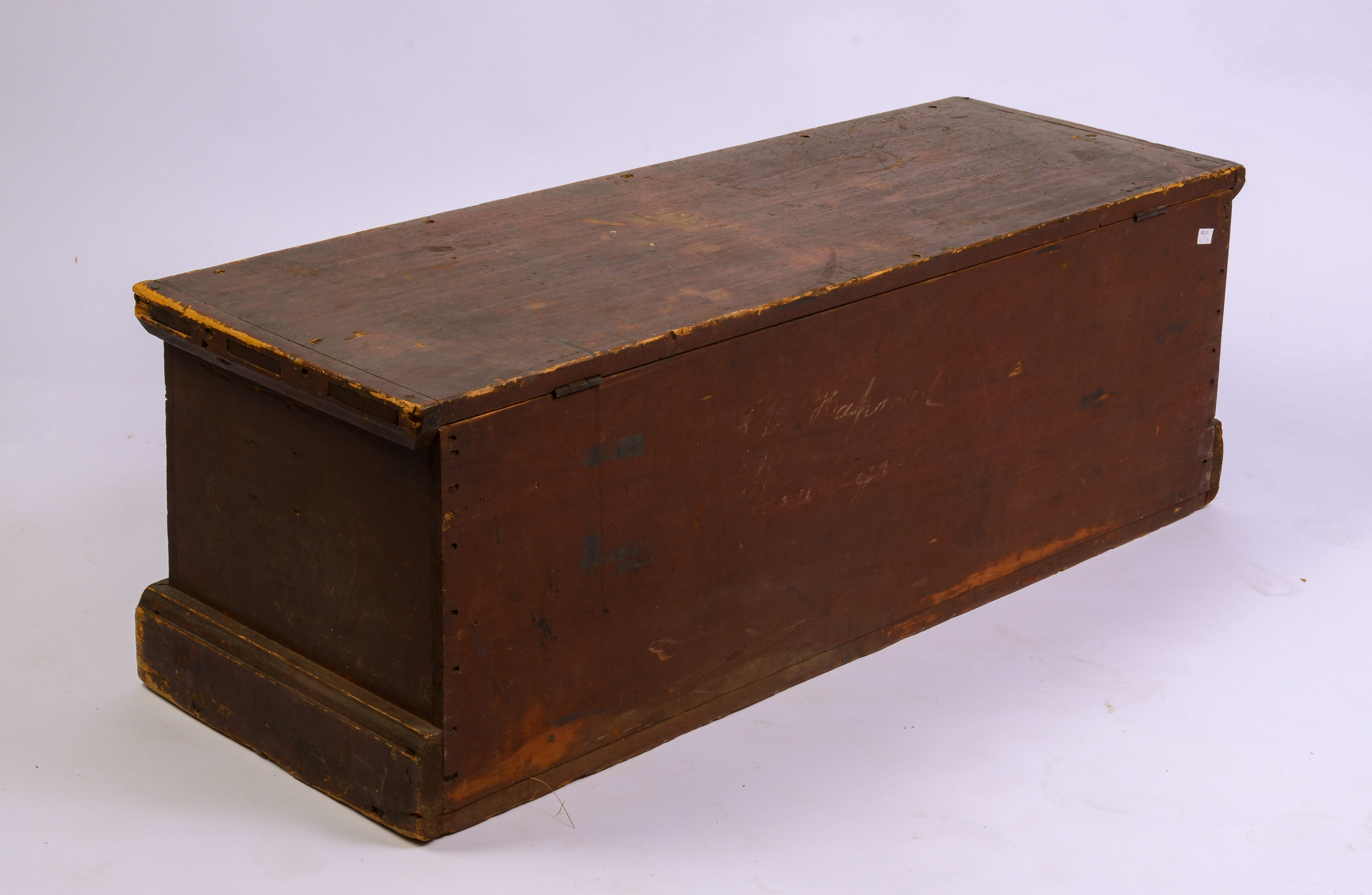 PINE BLANKET CHEST IN OLD RED WITH BOSTON ADDRESS.