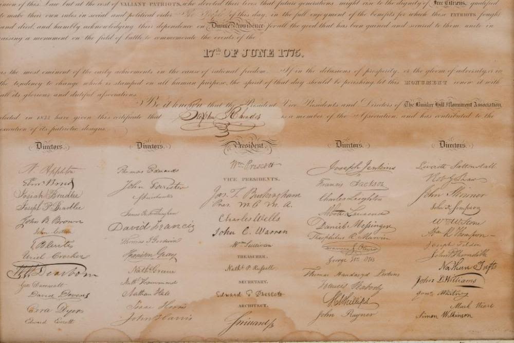 BUNKER HILL MONUMENT ASSOCIATION CERTIFICATE.