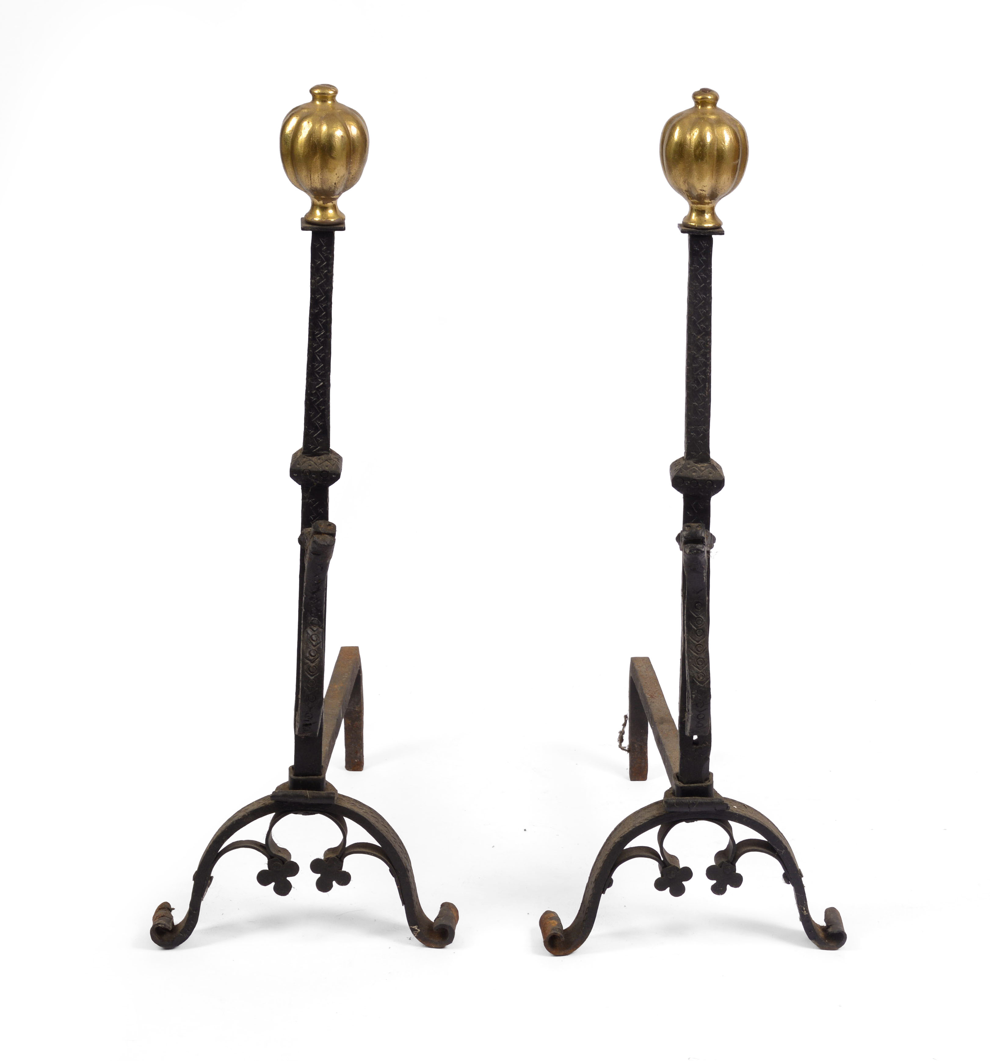 PAIR OF TALL WROUGHT IRON ANDIRONS WITH DRAGONS.
