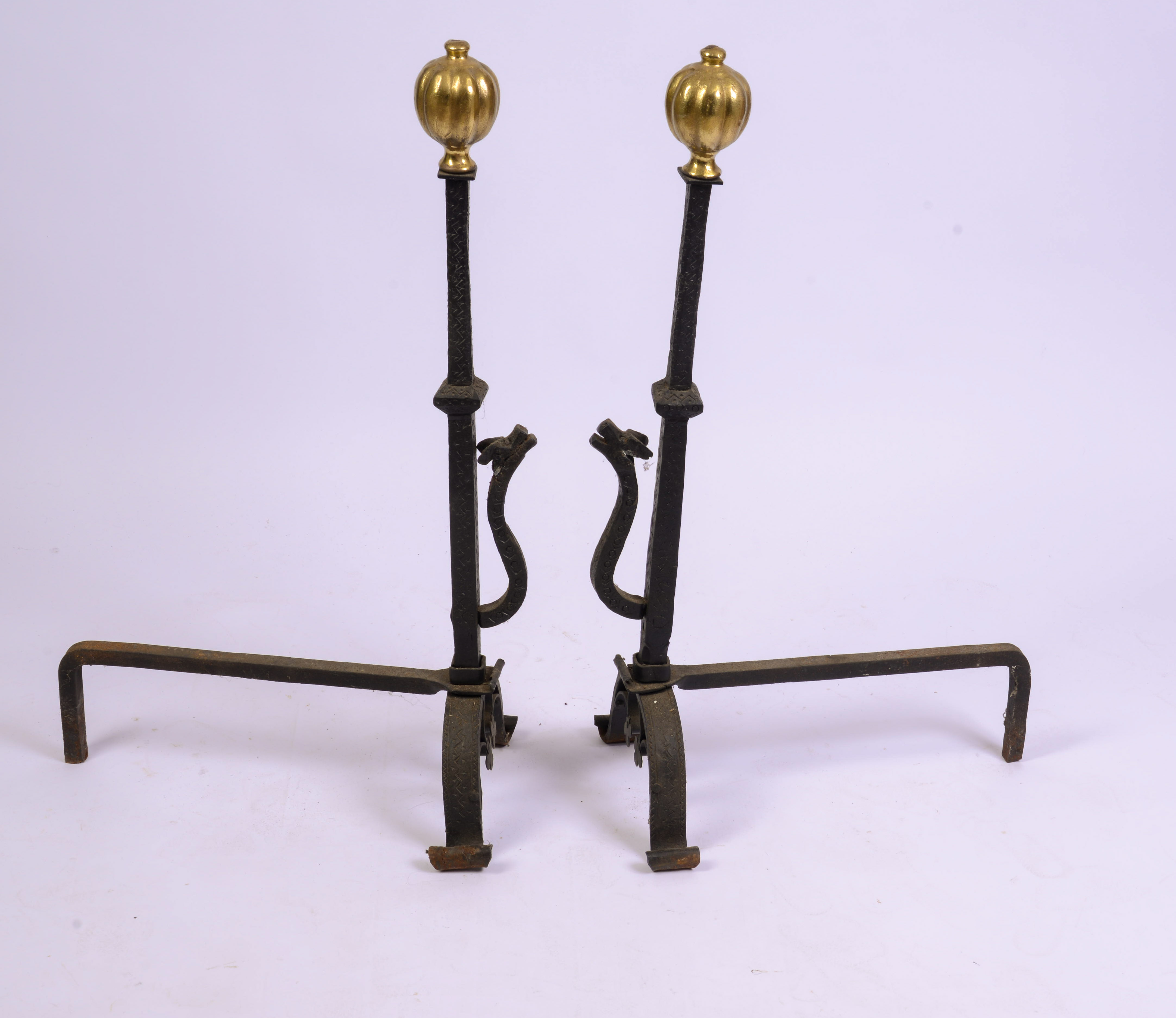 PAIR OF TALL WROUGHT IRON ANDIRONS WITH DRAGONS.