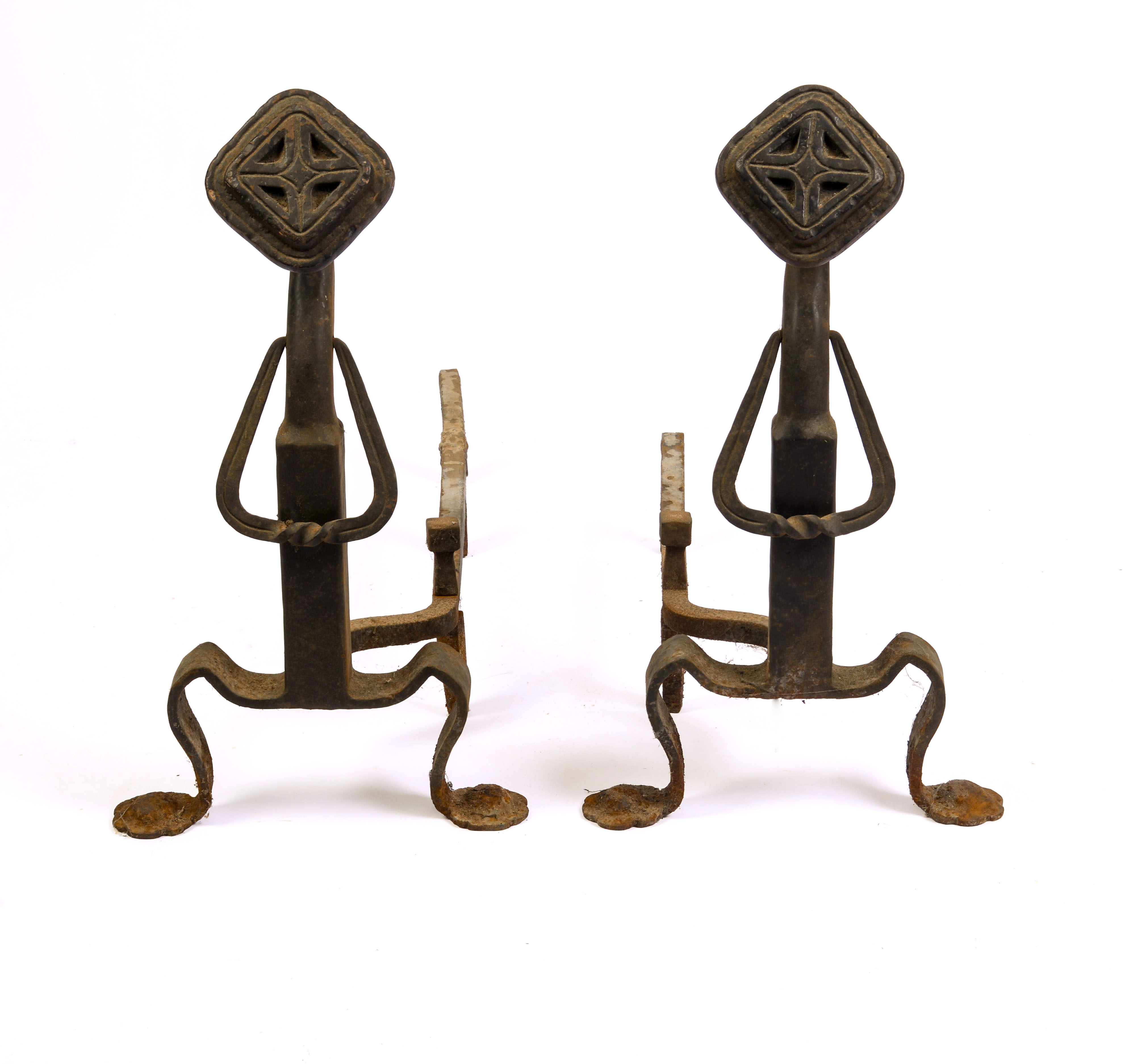 PAIR OF WROUGHT IRON ARTS & CRAFTS ANDIRONS.