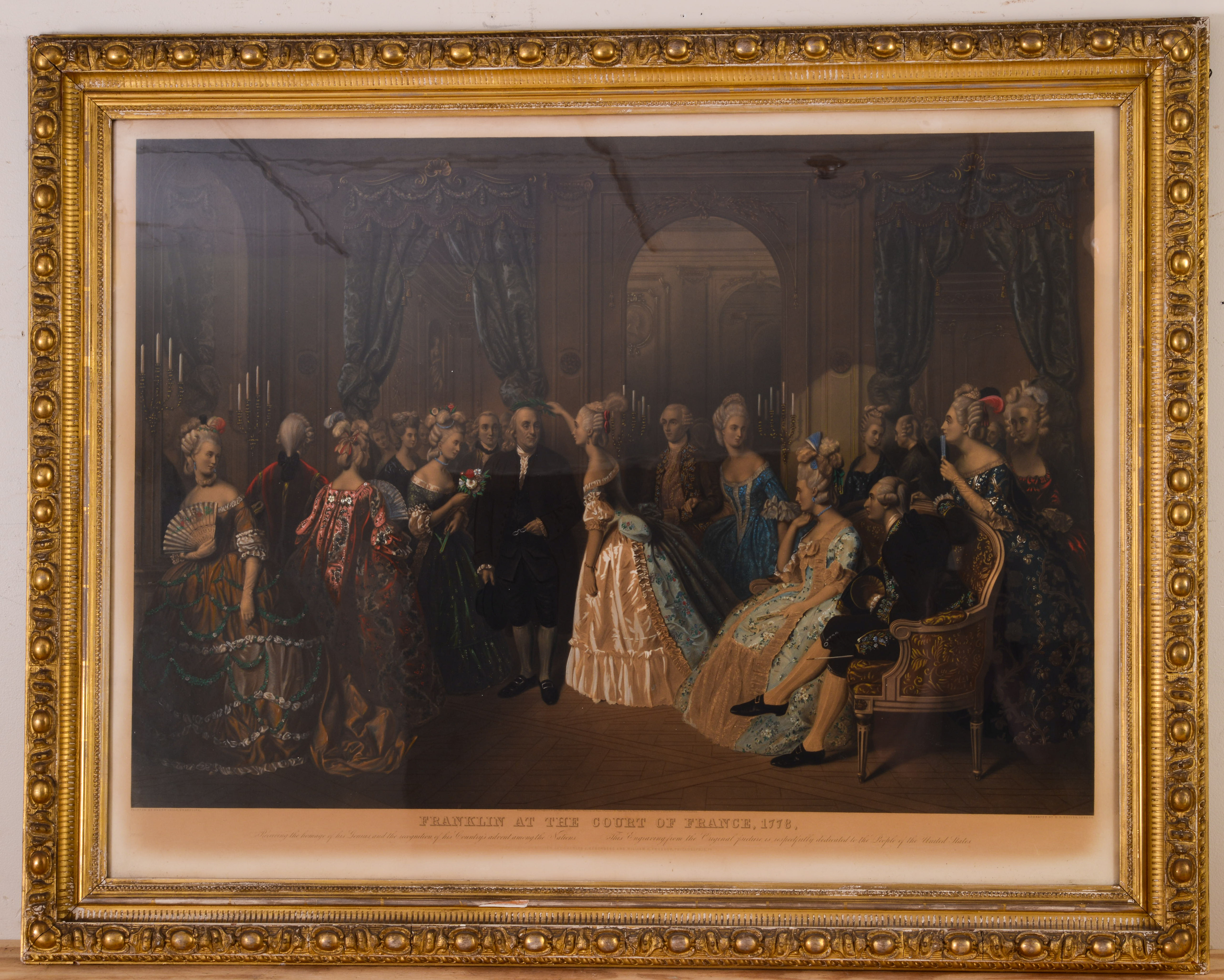 LARGE FRANKLIN’S RECEPTION AT THE COURT OF FRANCE HISTORICAL HAND COLORED ENGRAVING