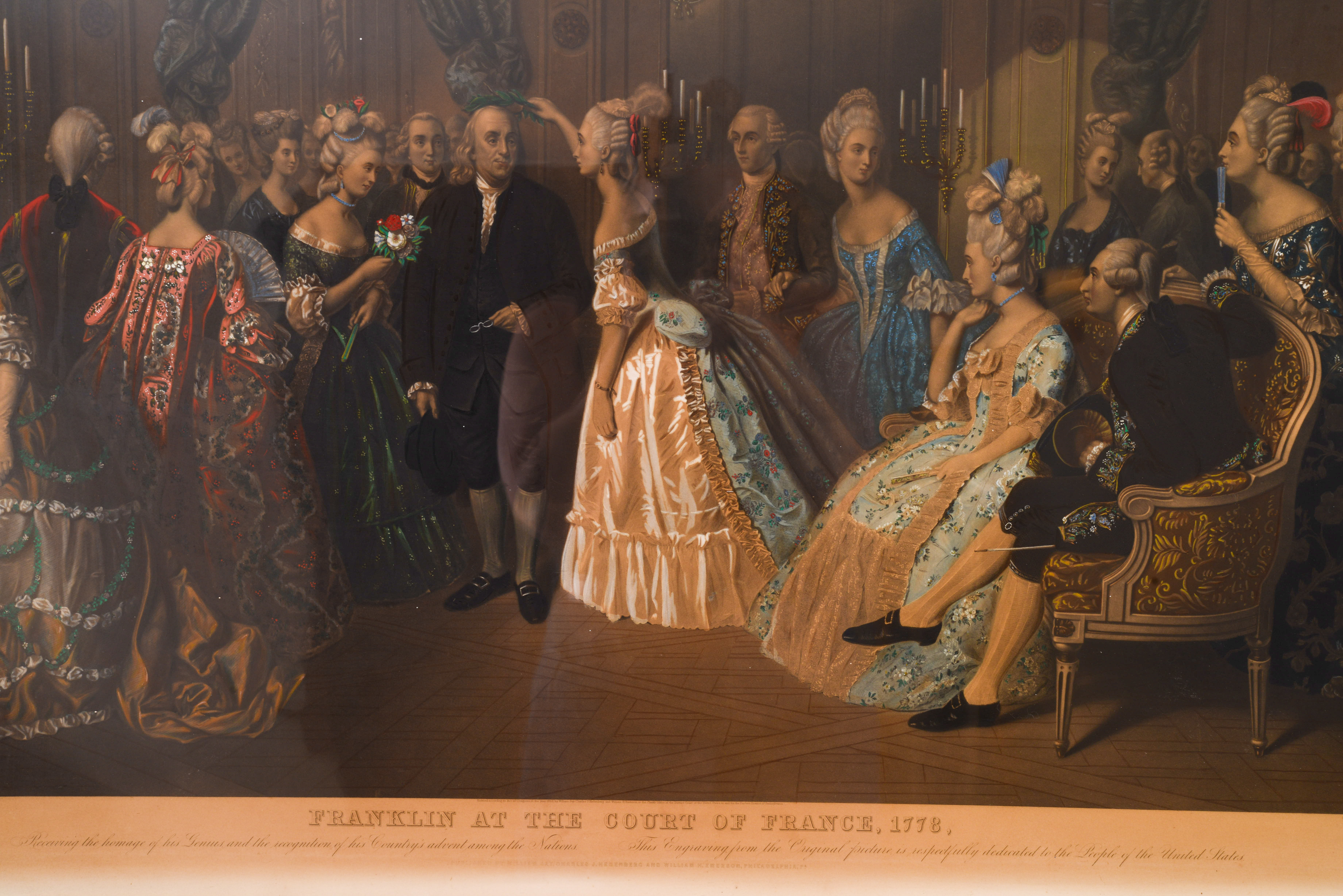 LARGE FRANKLIN’S RECEPTION AT THE COURT OF FRANCE HISTORICAL HAND COLORED ENGRAVING