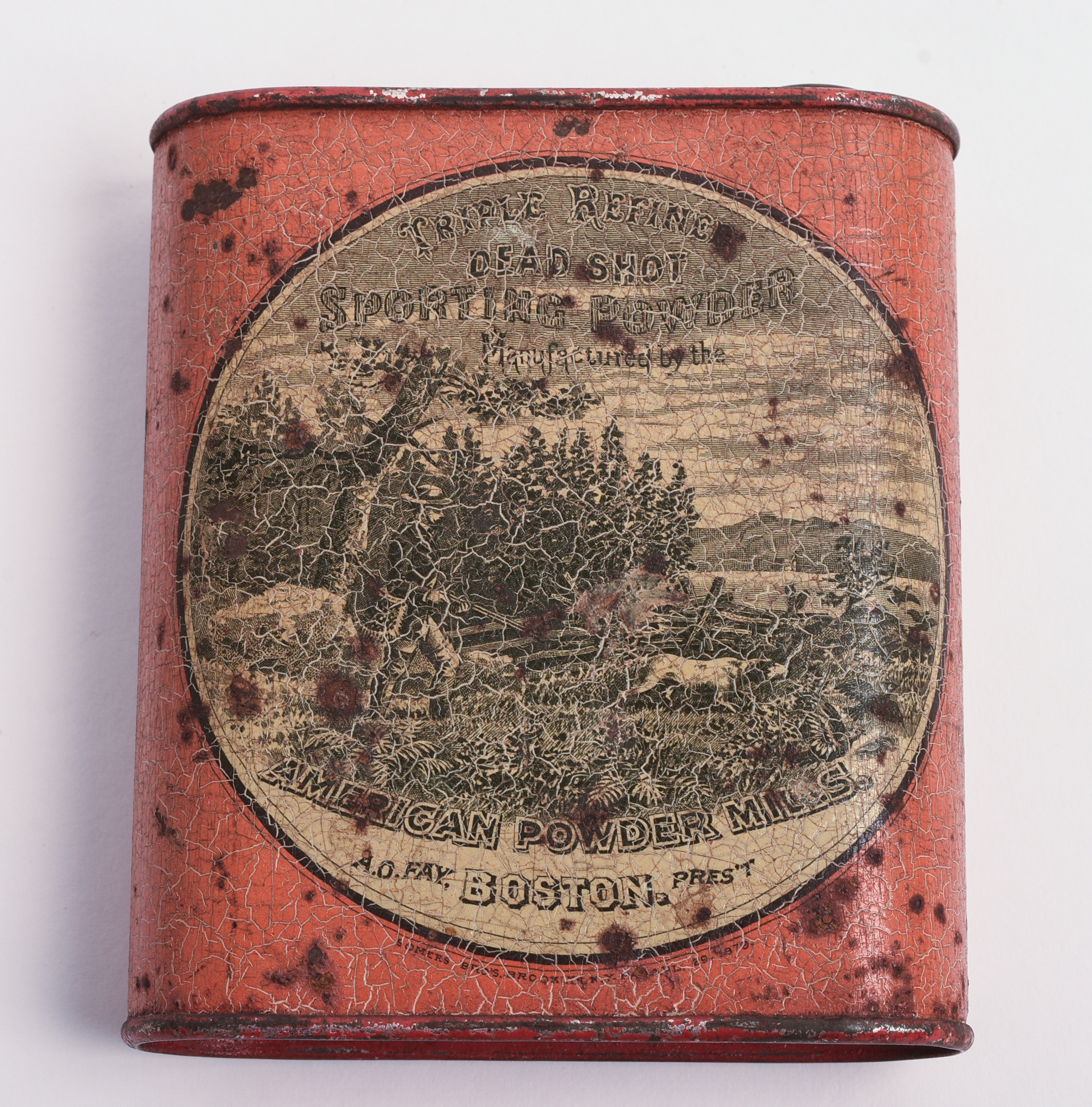 AMERICAN POWDER MILLS GUNPOWDER TIN, BOSTON, 19TH C.