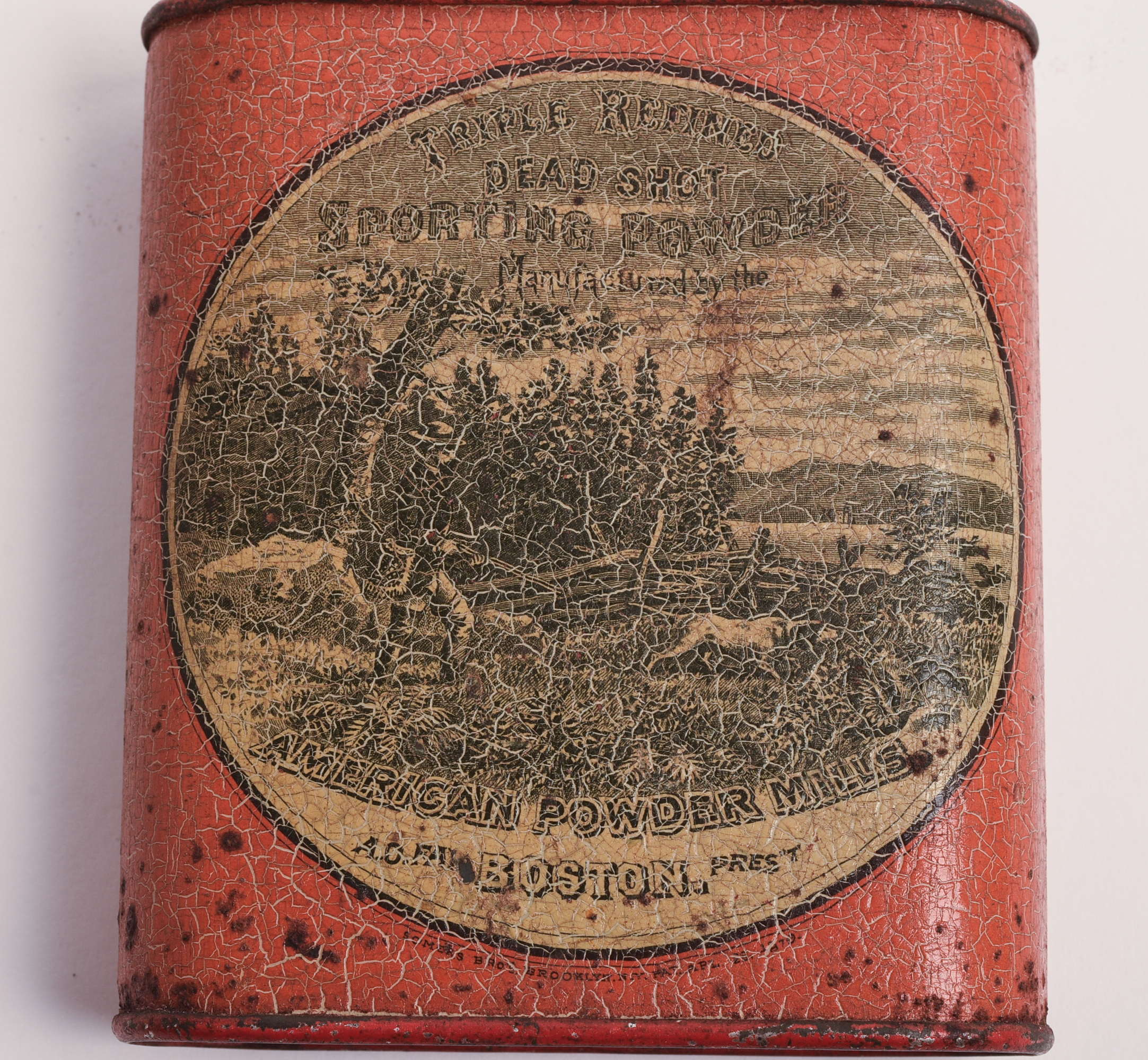 AMERICAN POWDER MILLS GUNPOWDER TIN, BOSTON, 19TH C.