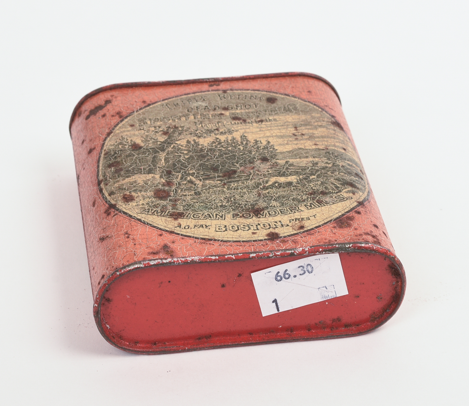 AMERICAN POWDER MILLS GUNPOWDER TIN, BOSTON, 19TH C.