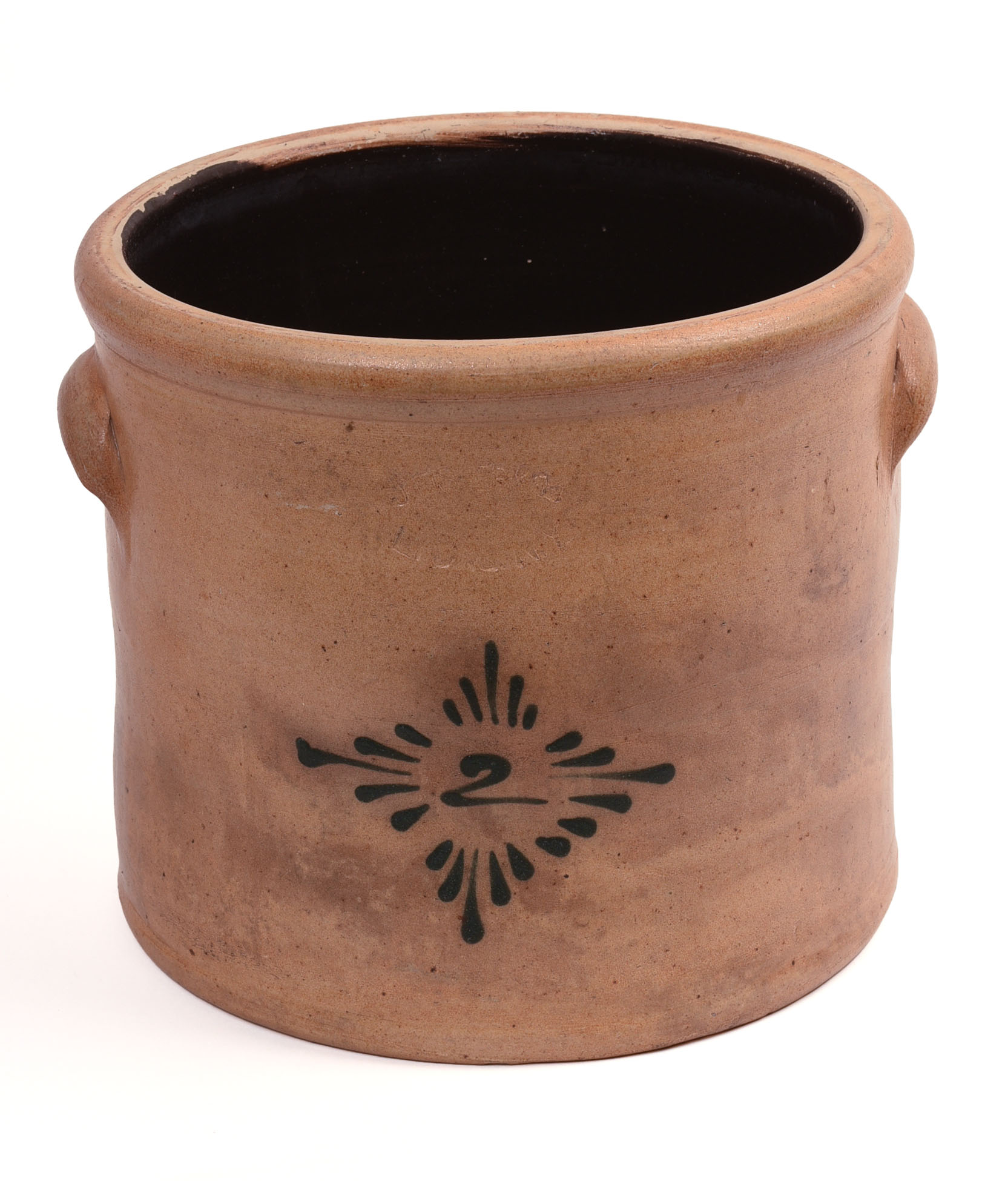J. FISHER COBALT DECORATED TWO-GALLON STONEWARE CROCK.